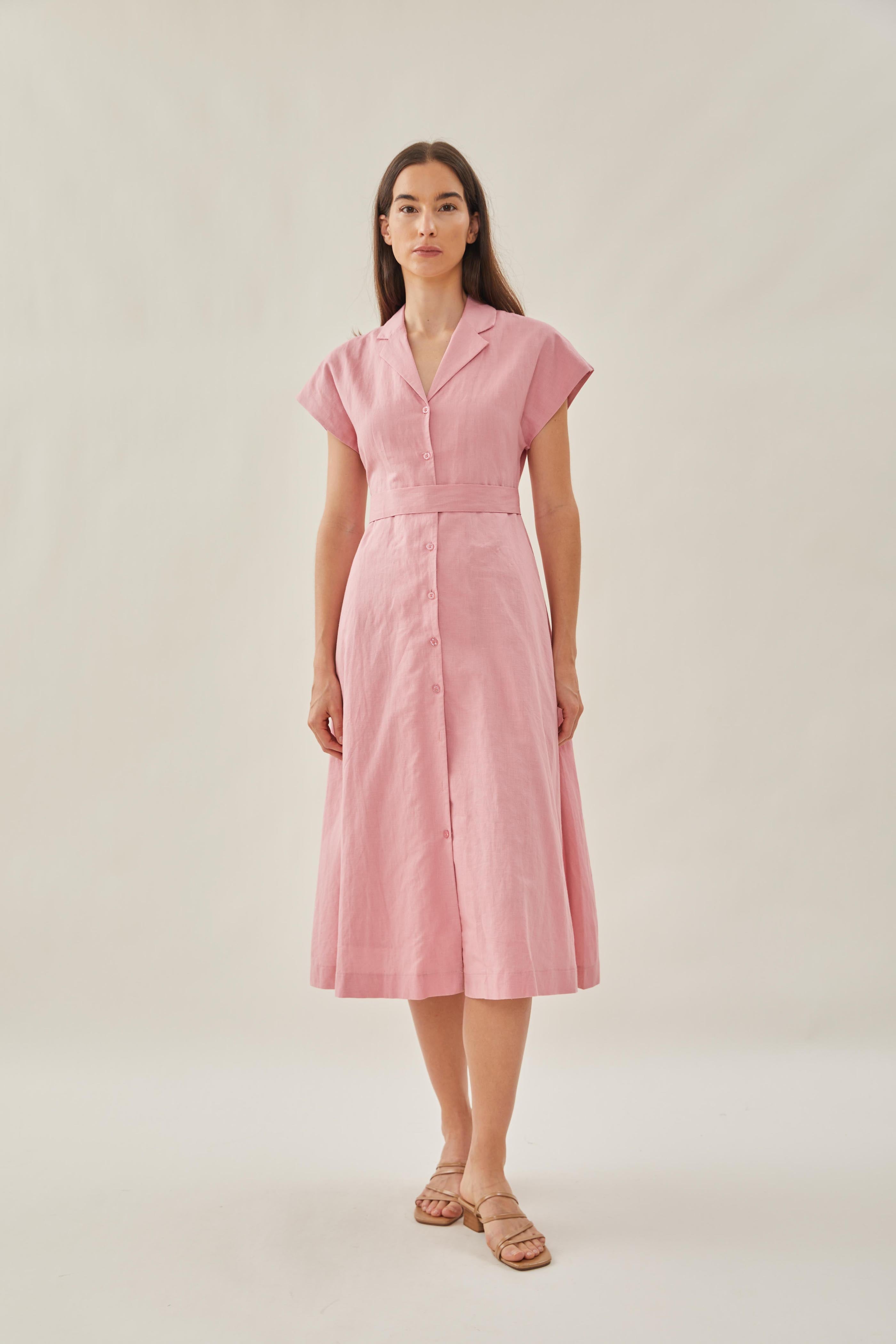 Linen Collared Midi Dress in Pink