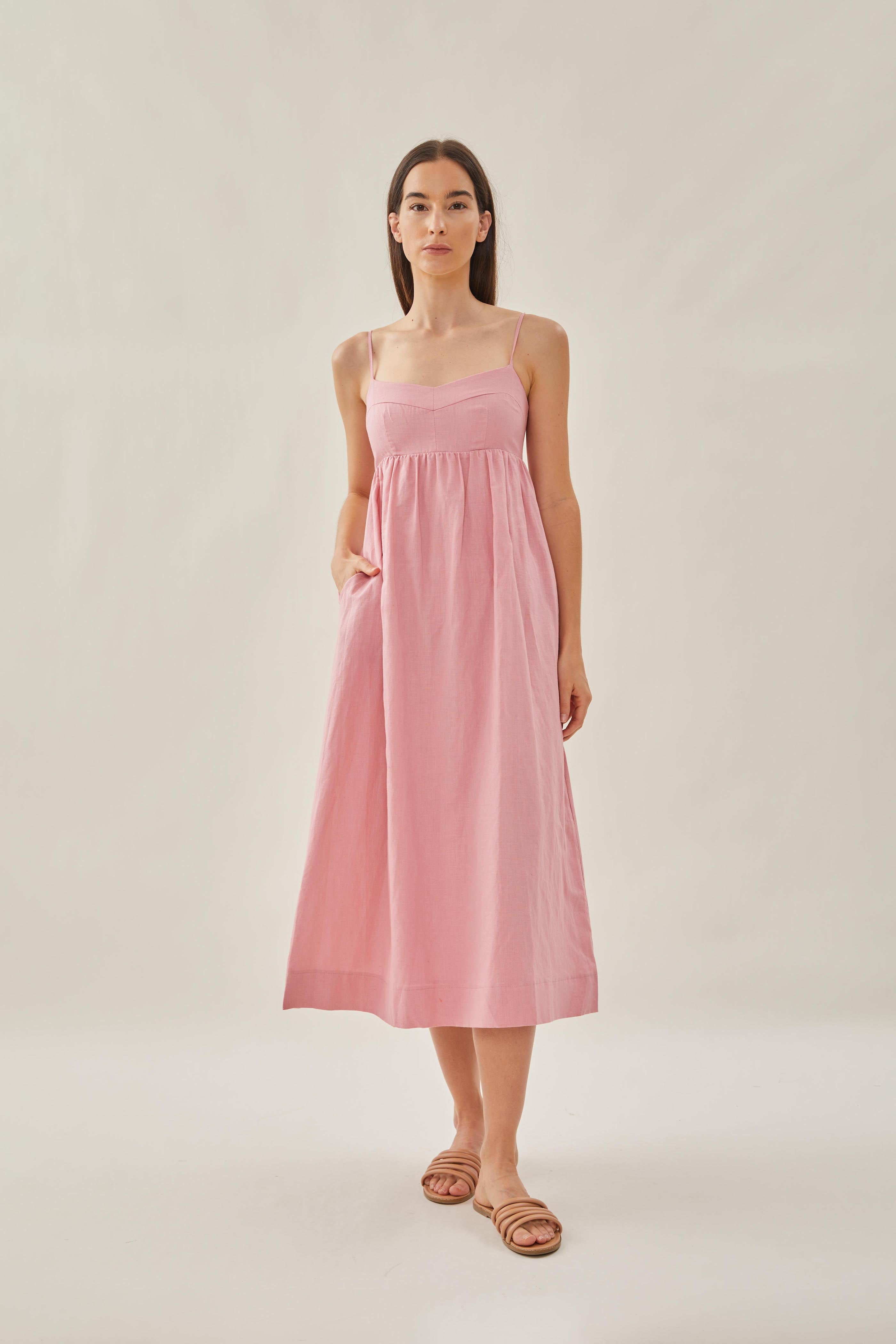 Bustier Gathered Midi Dress in Pink