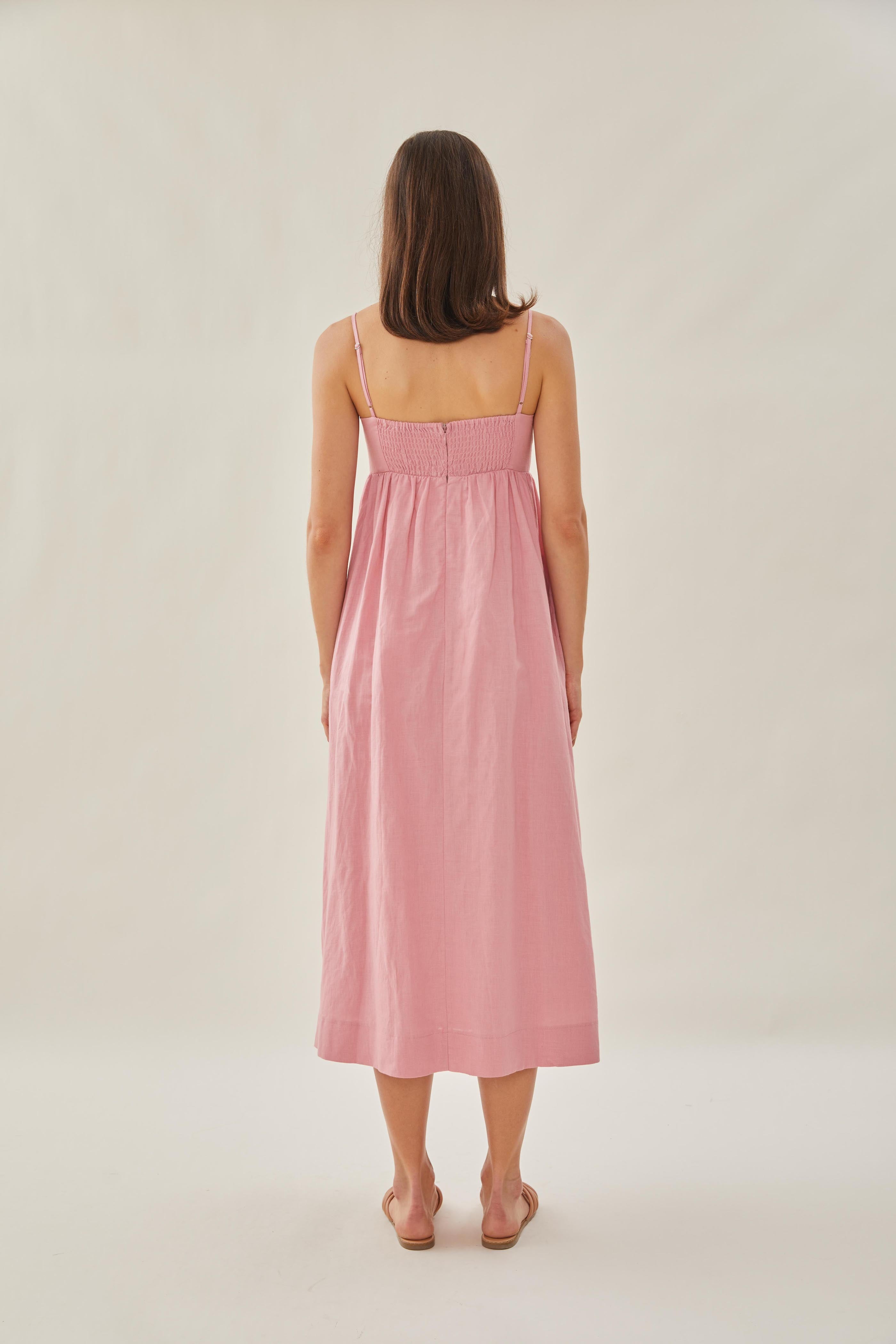 Bustier Gathered Midi Dress in Pink