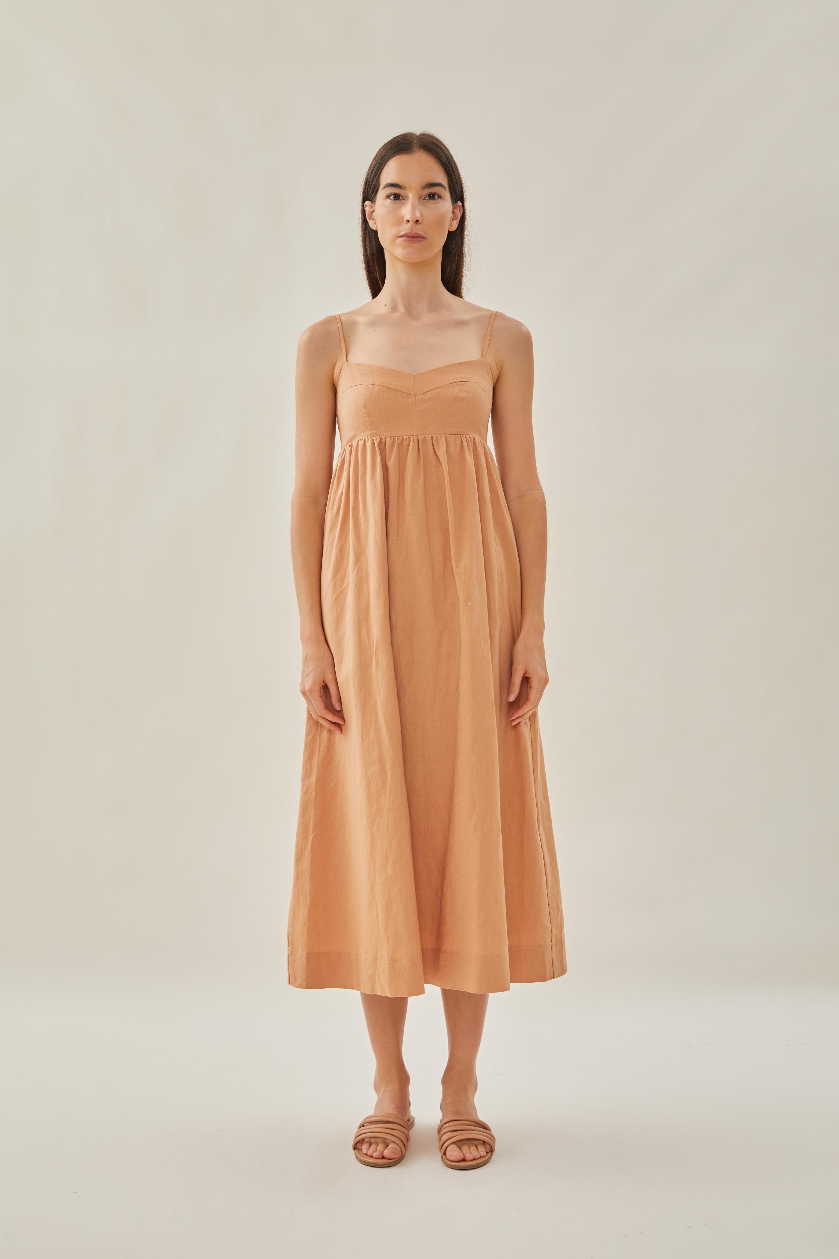 Bustier Gathered Midi Dress in Ochre