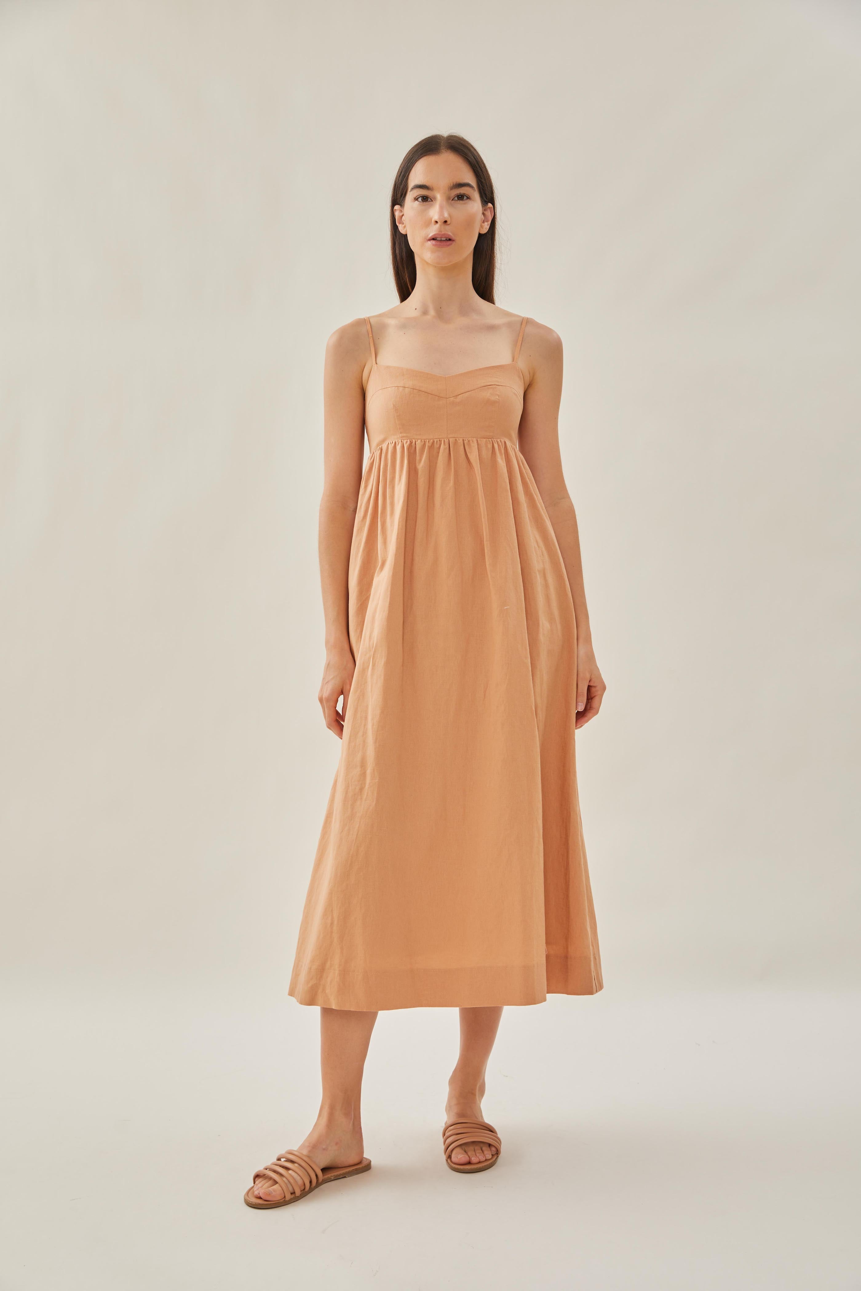 Bustier Gathered Midi Dress in Ochre