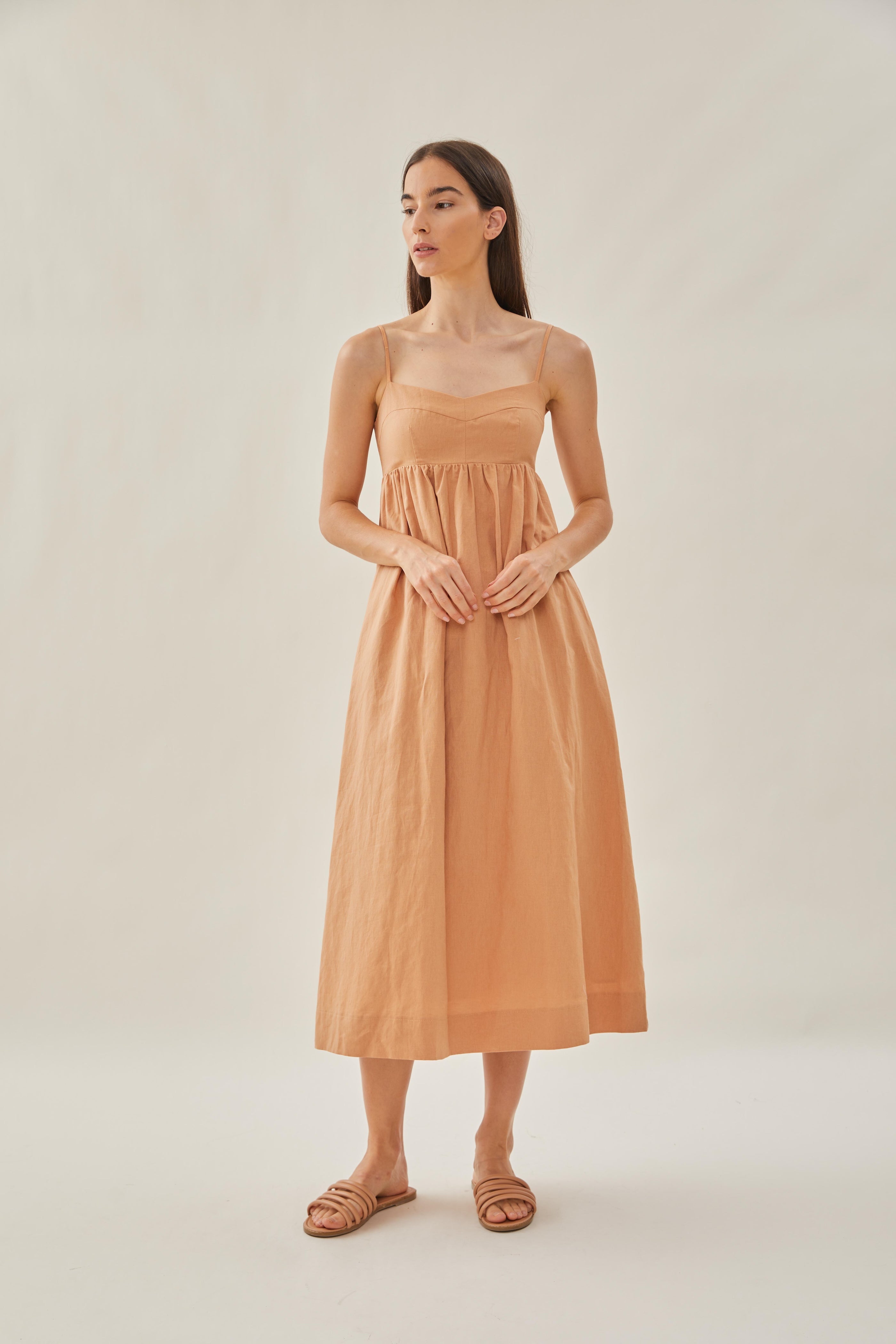 Bustier Gathered Midi Dress in Ochre