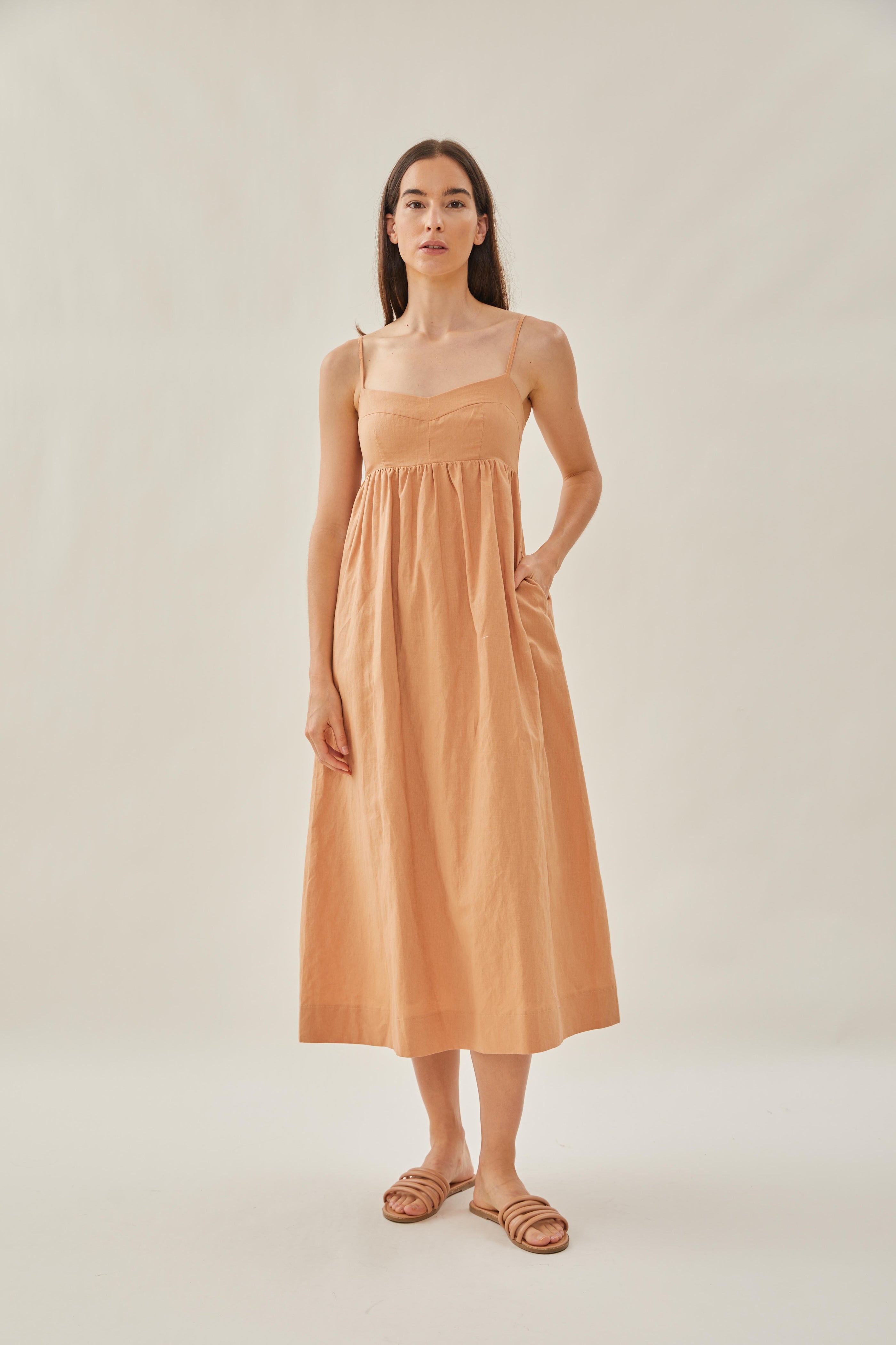 Bustier Gathered Midi Dress in Ochre