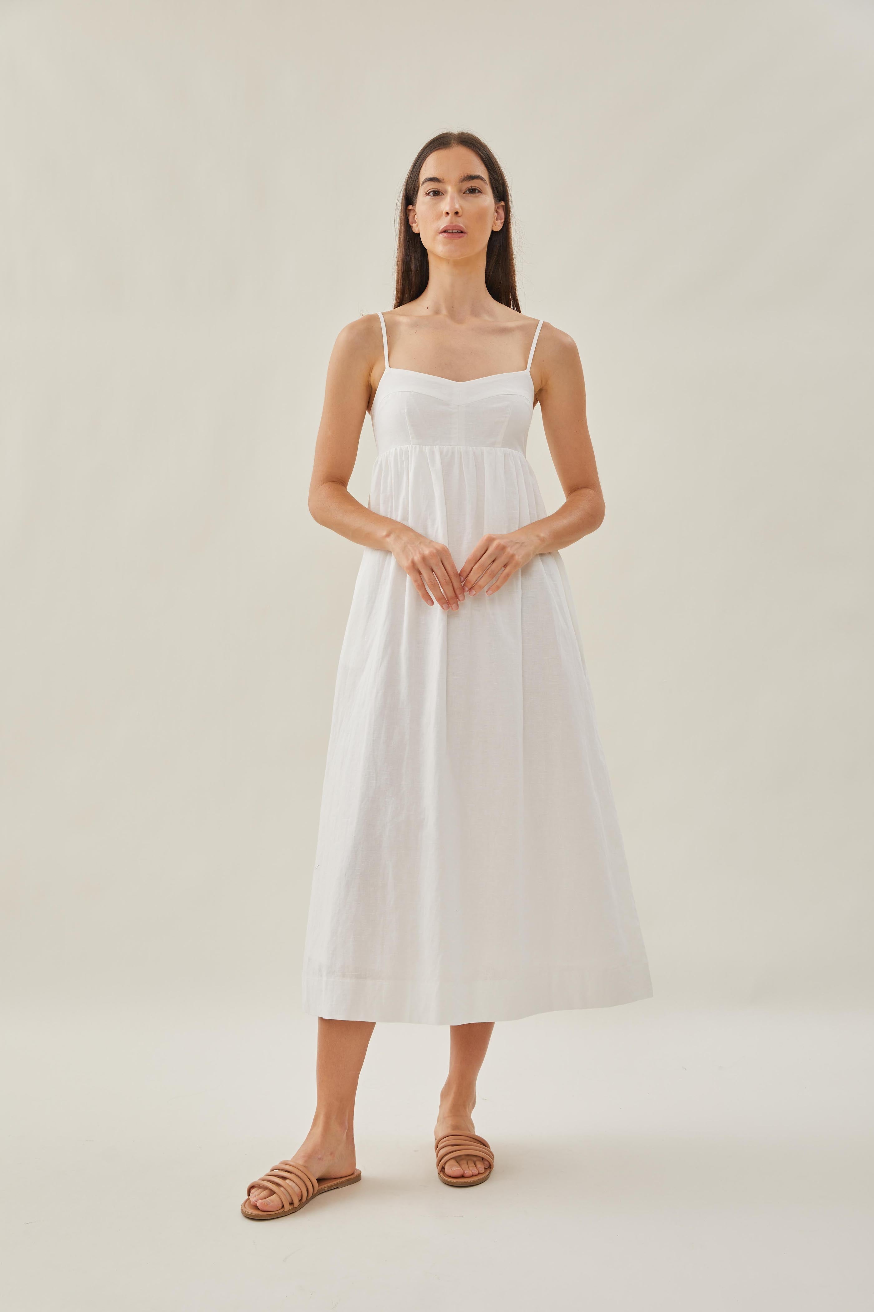 Bustier Gathered Midi Dress in White