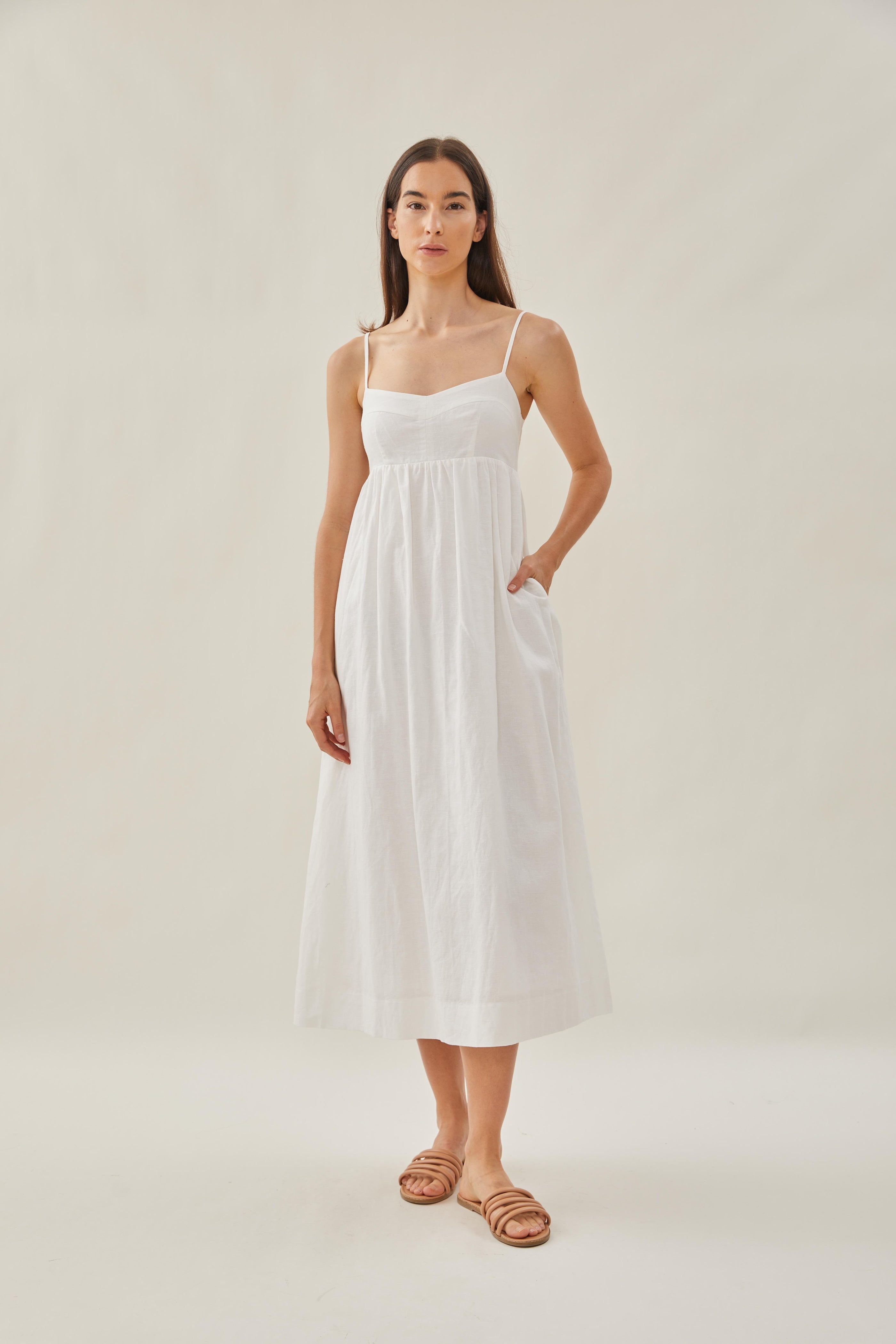 Bustier Gathered Midi Dress in White