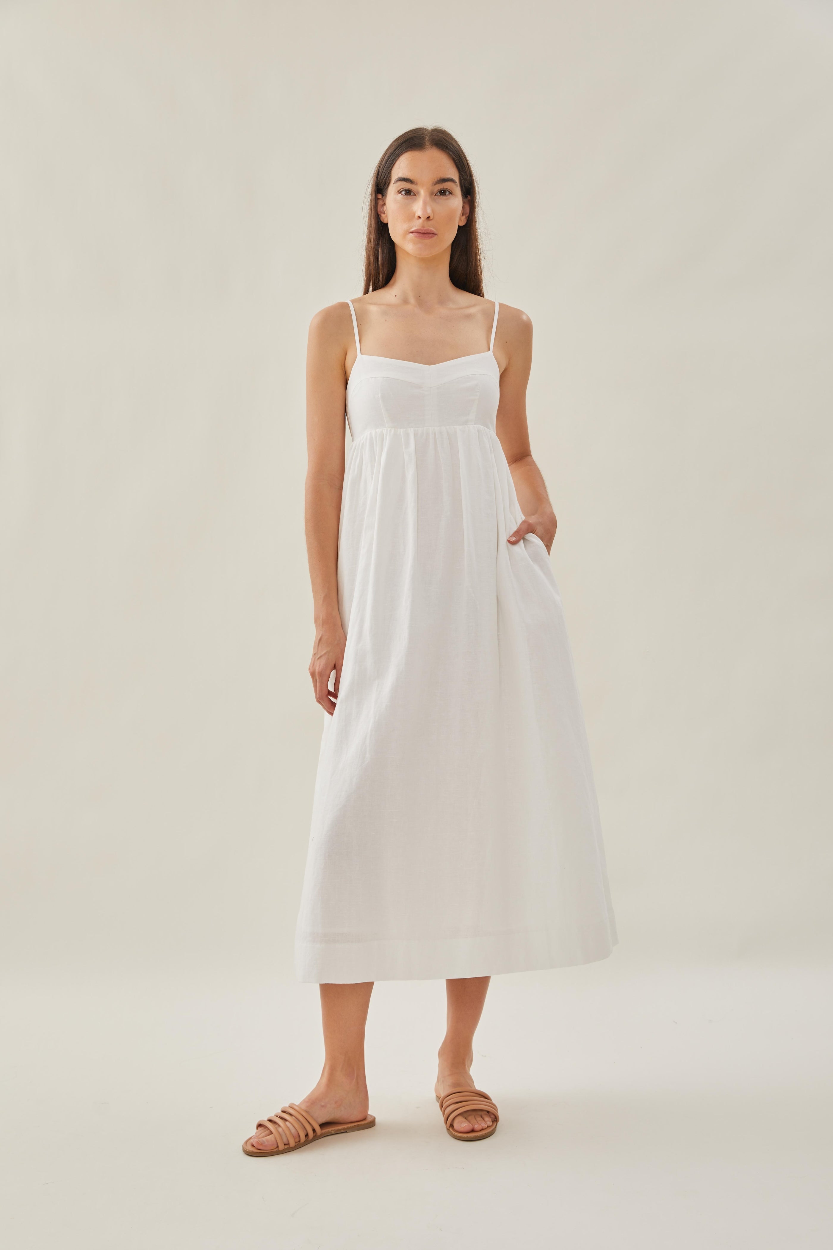Bustier Gathered Midi Dress in White