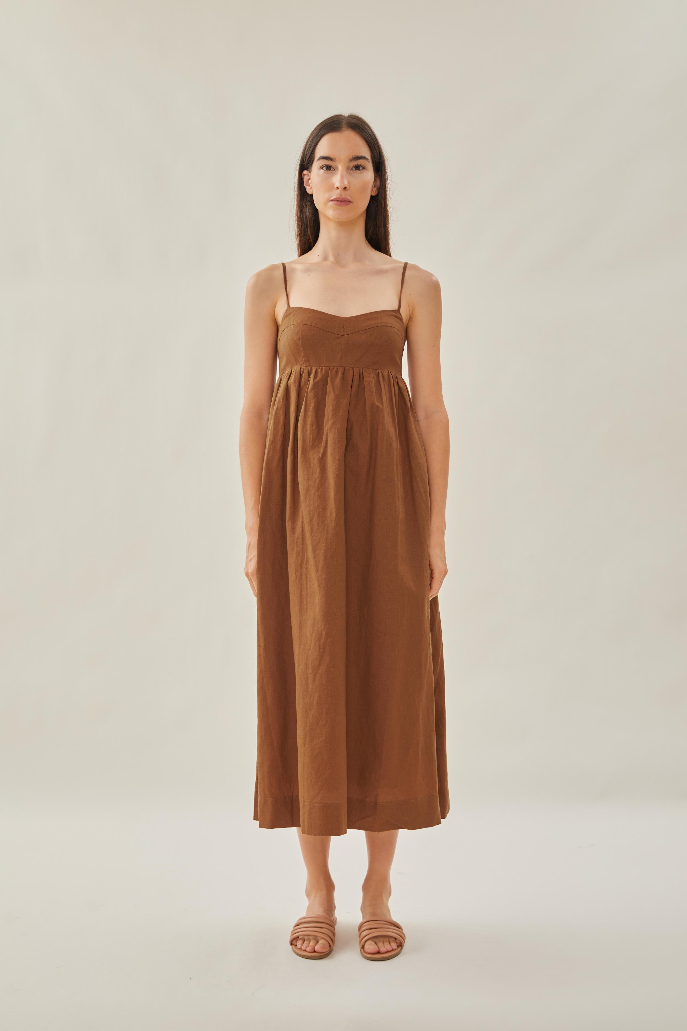 Bustier Gathered Midi Dress in Brown