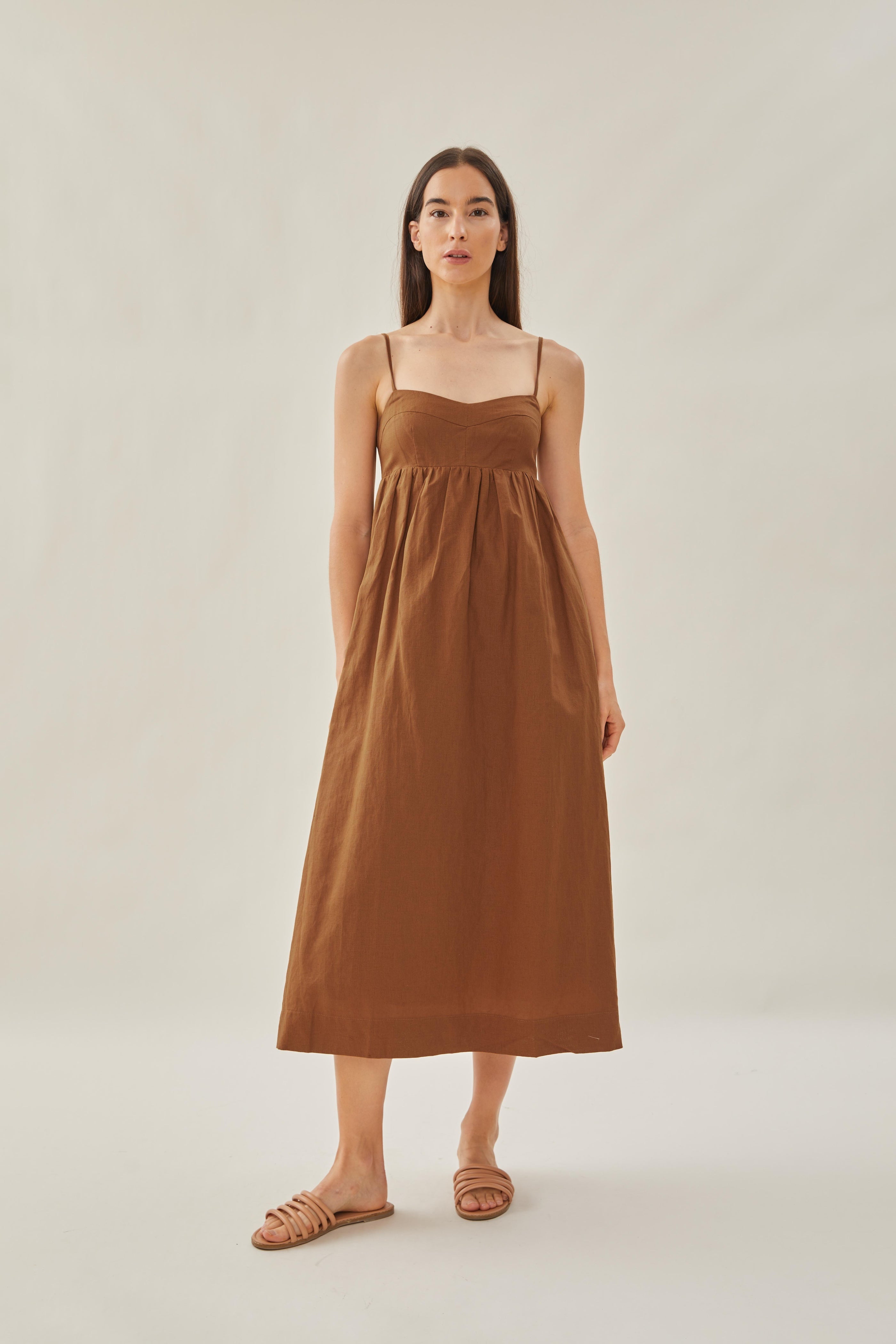 Bustier Gathered Midi Dress in Brown
