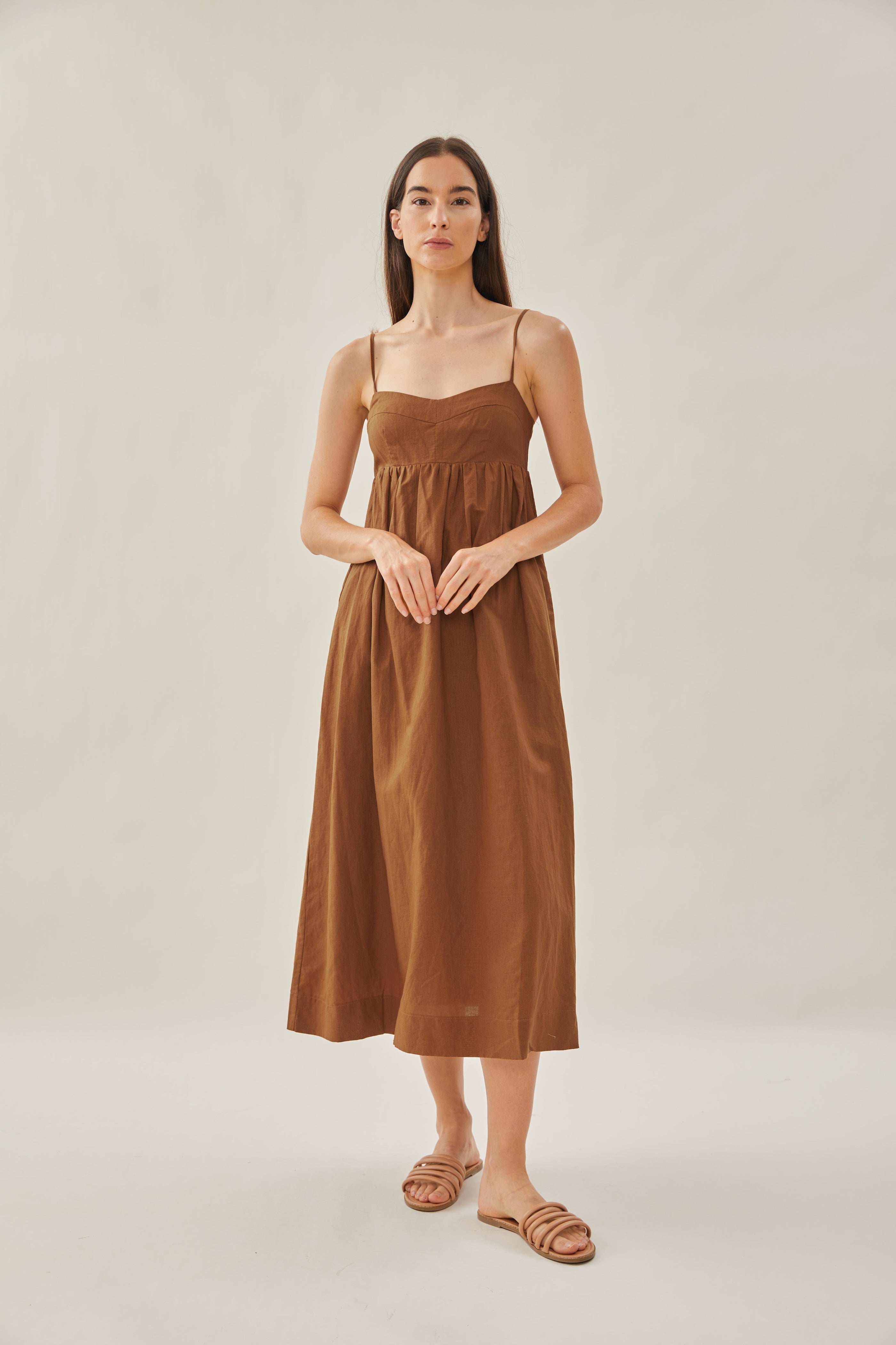 Bustier Gathered Midi Dress in Brown
