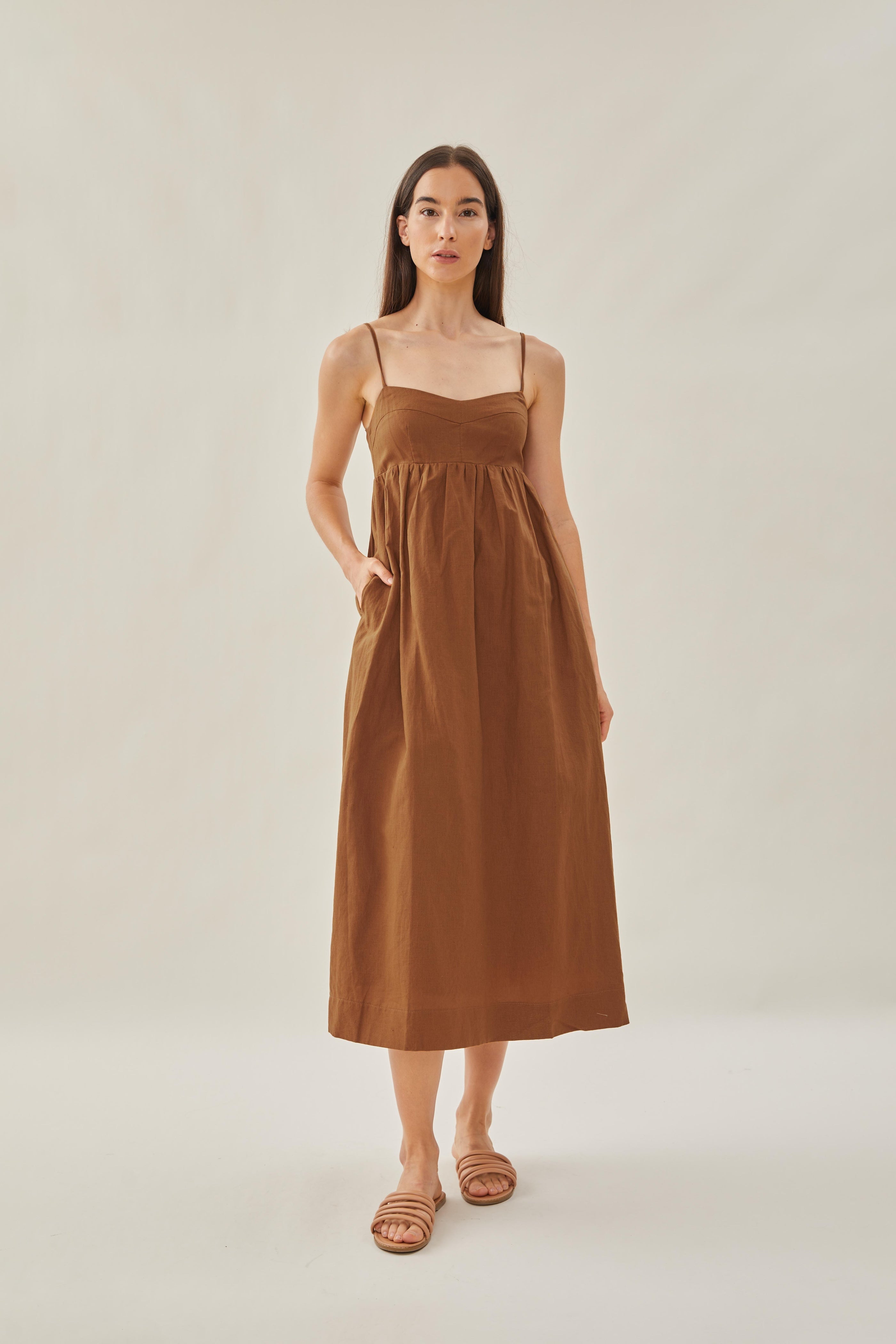 Bustier Gathered Midi Dress in Brown