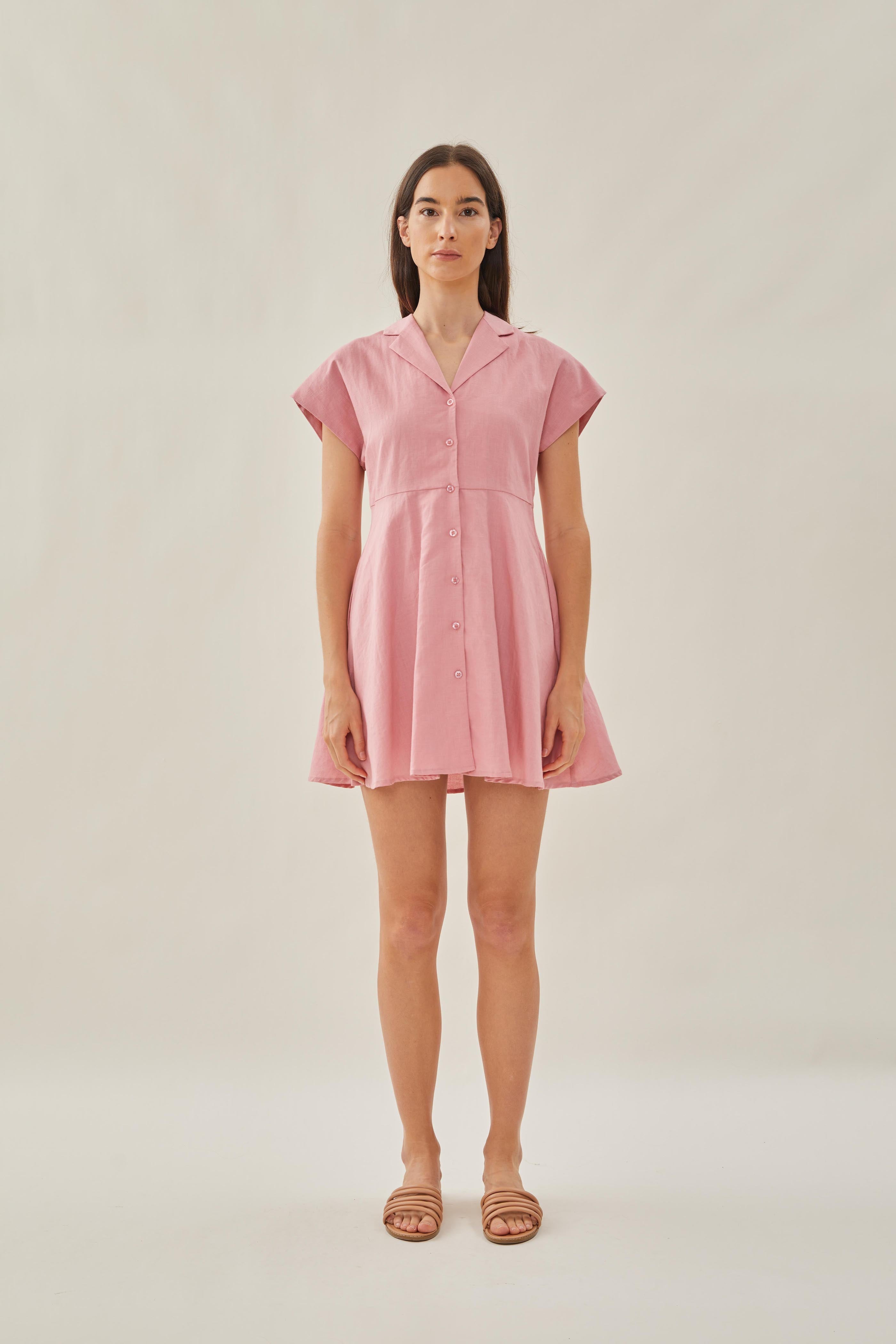 Linen Collared Mini Dress in Pink