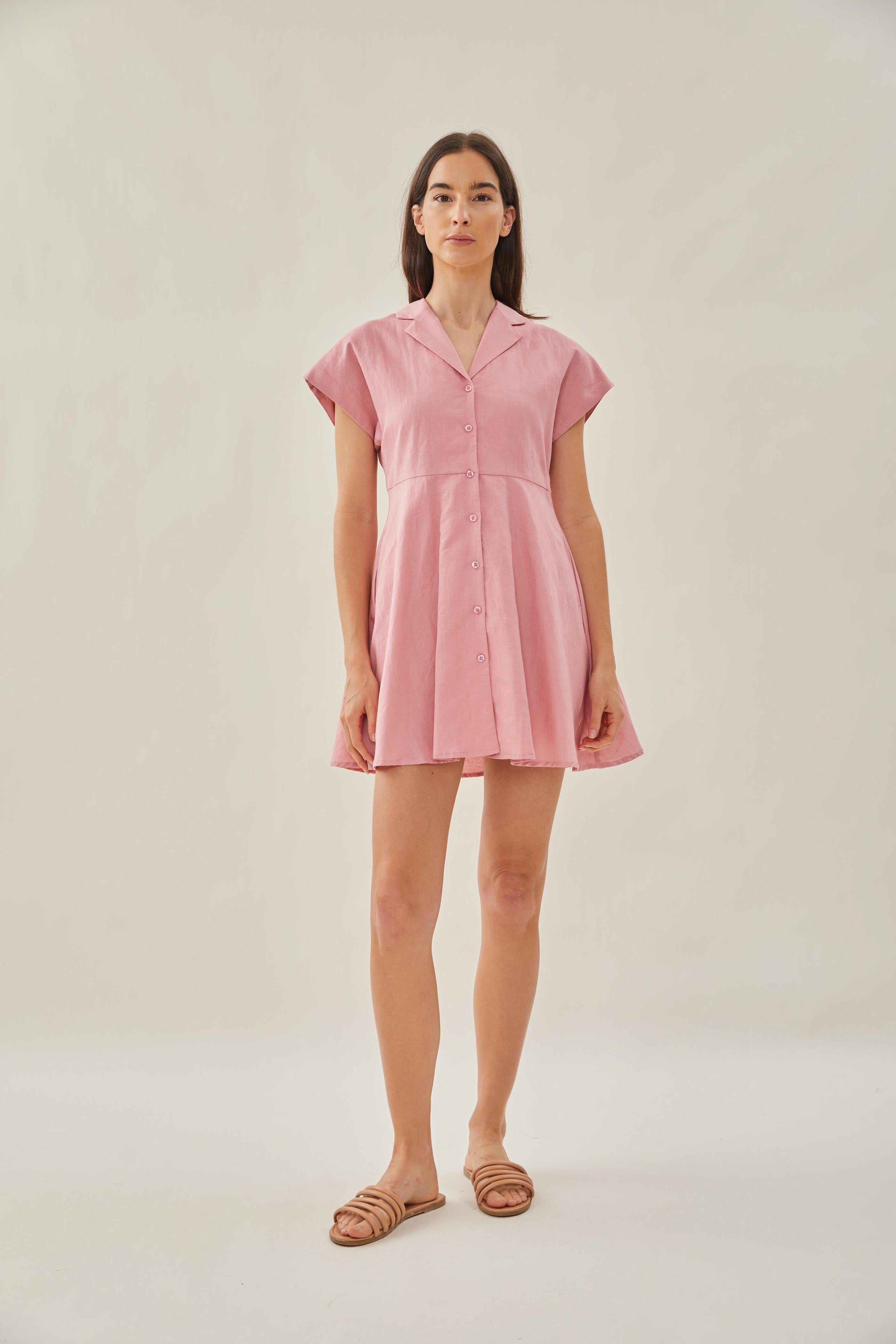 Linen Collared Mini Dress in Pink