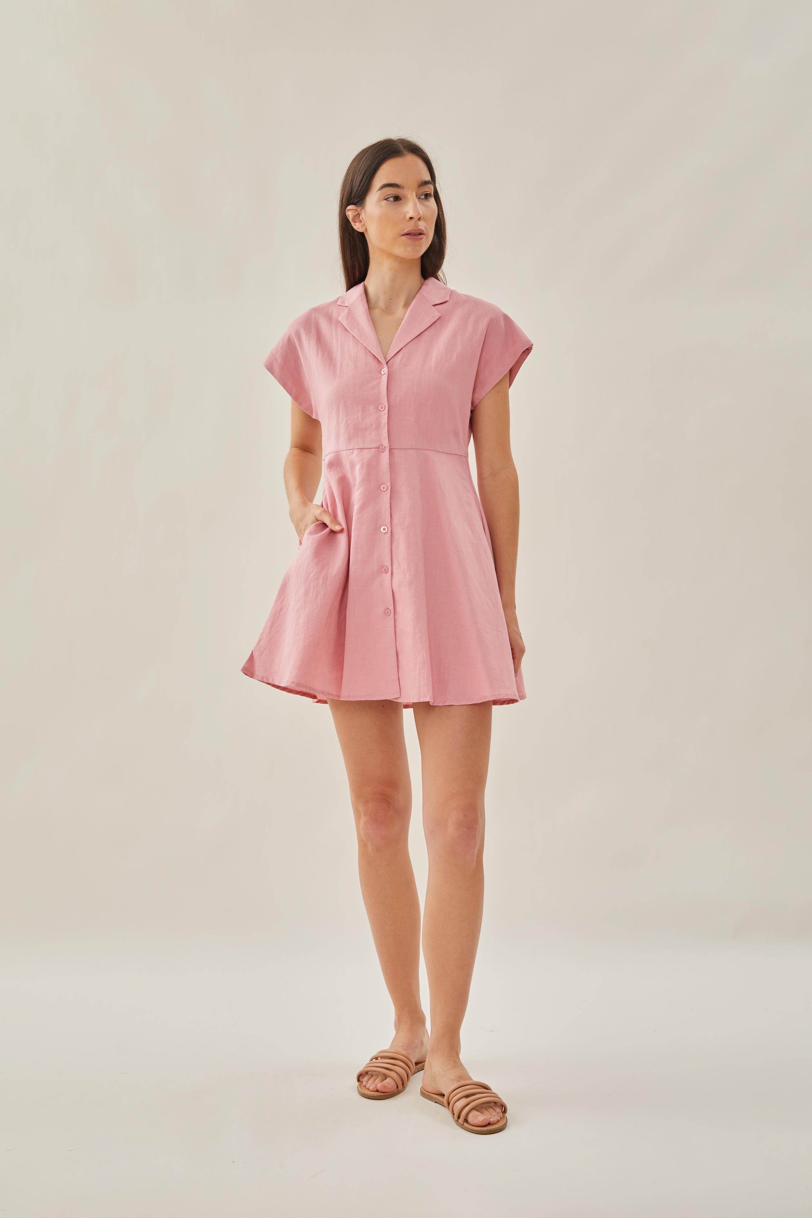 Linen Collared Mini Dress in Pink