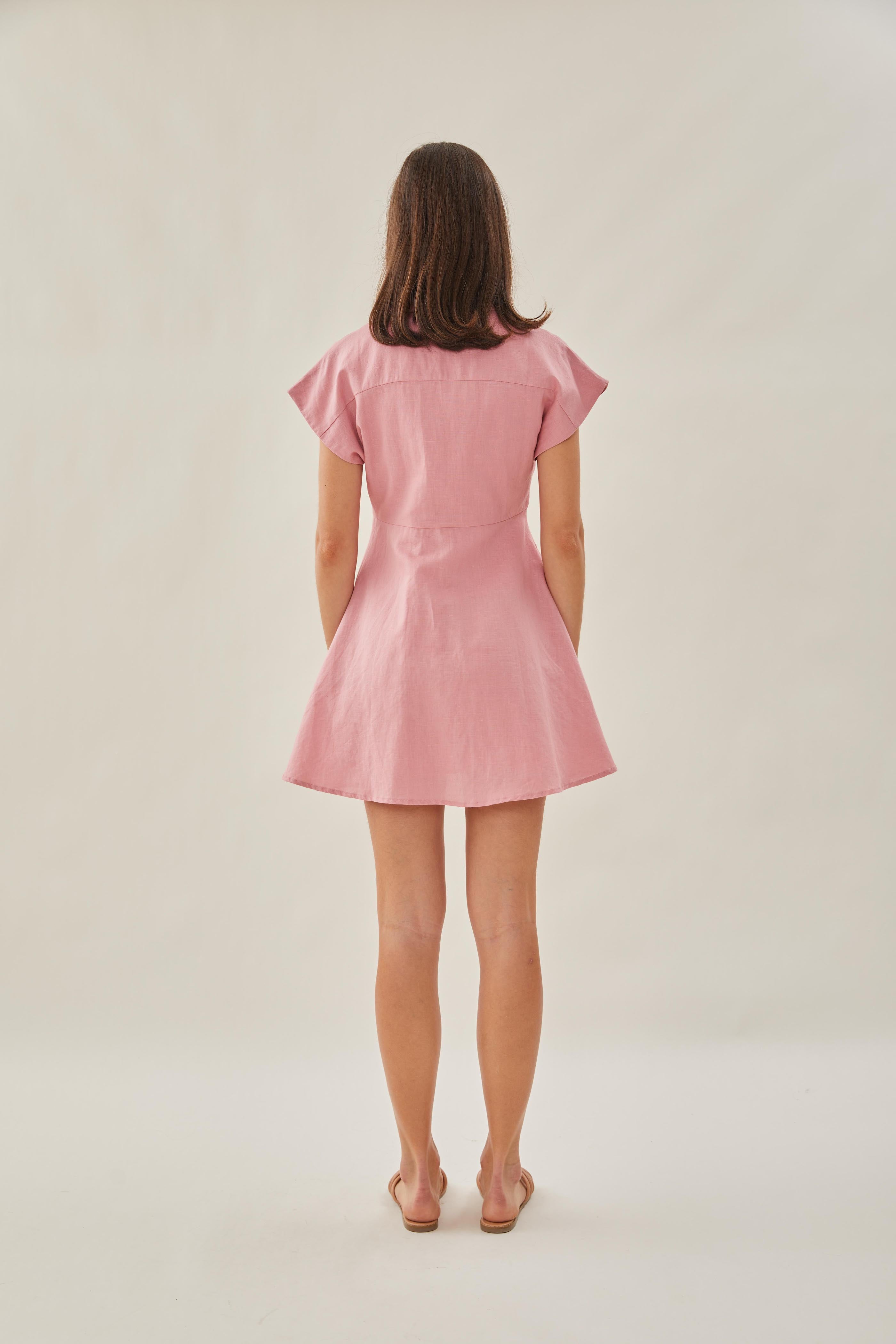 Linen Collared Mini Dress in Pink