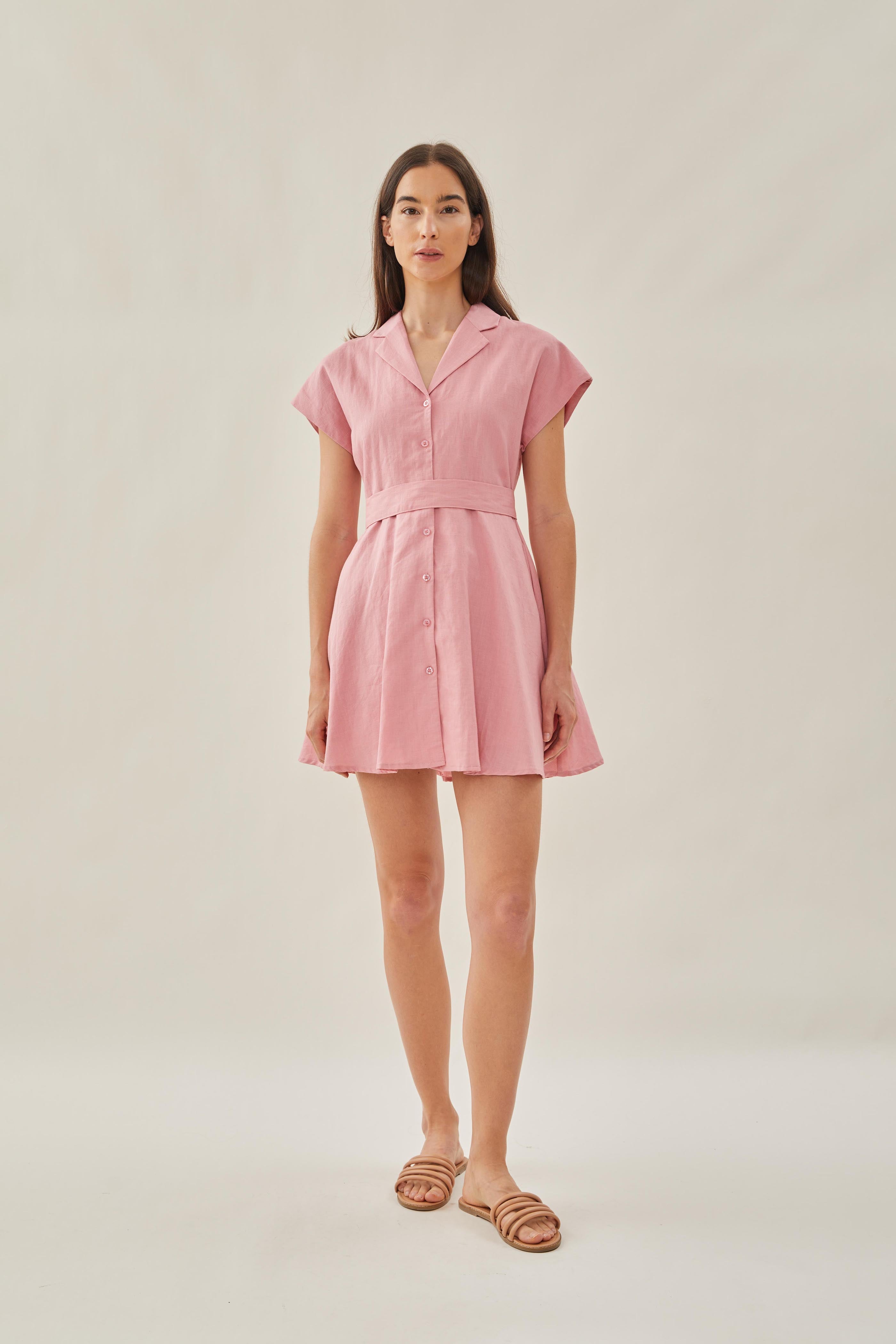 Linen Collared Mini Dress in Pink