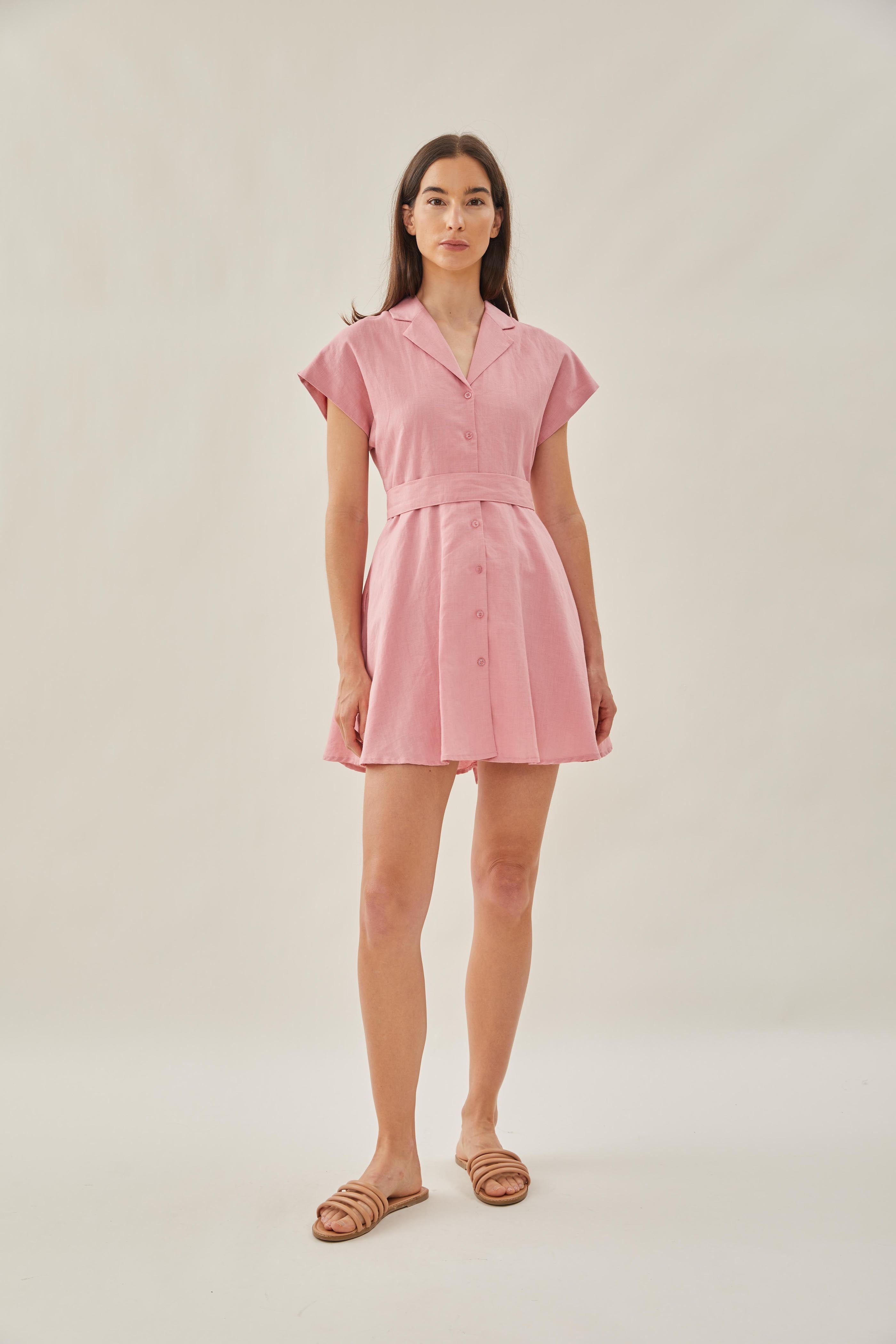 Linen Collared Mini Dress in Pink