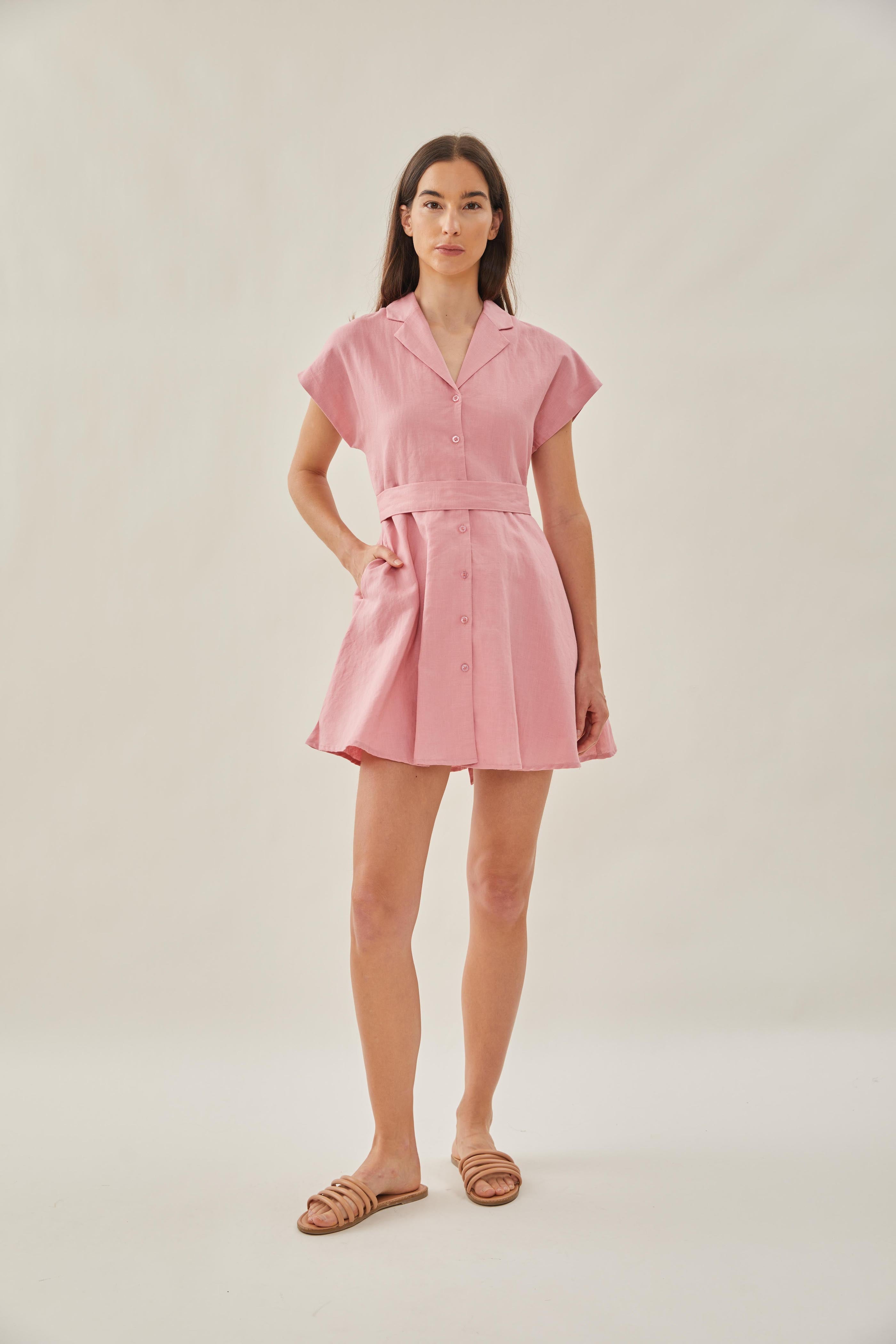 Linen Collared Mini Dress in Pink