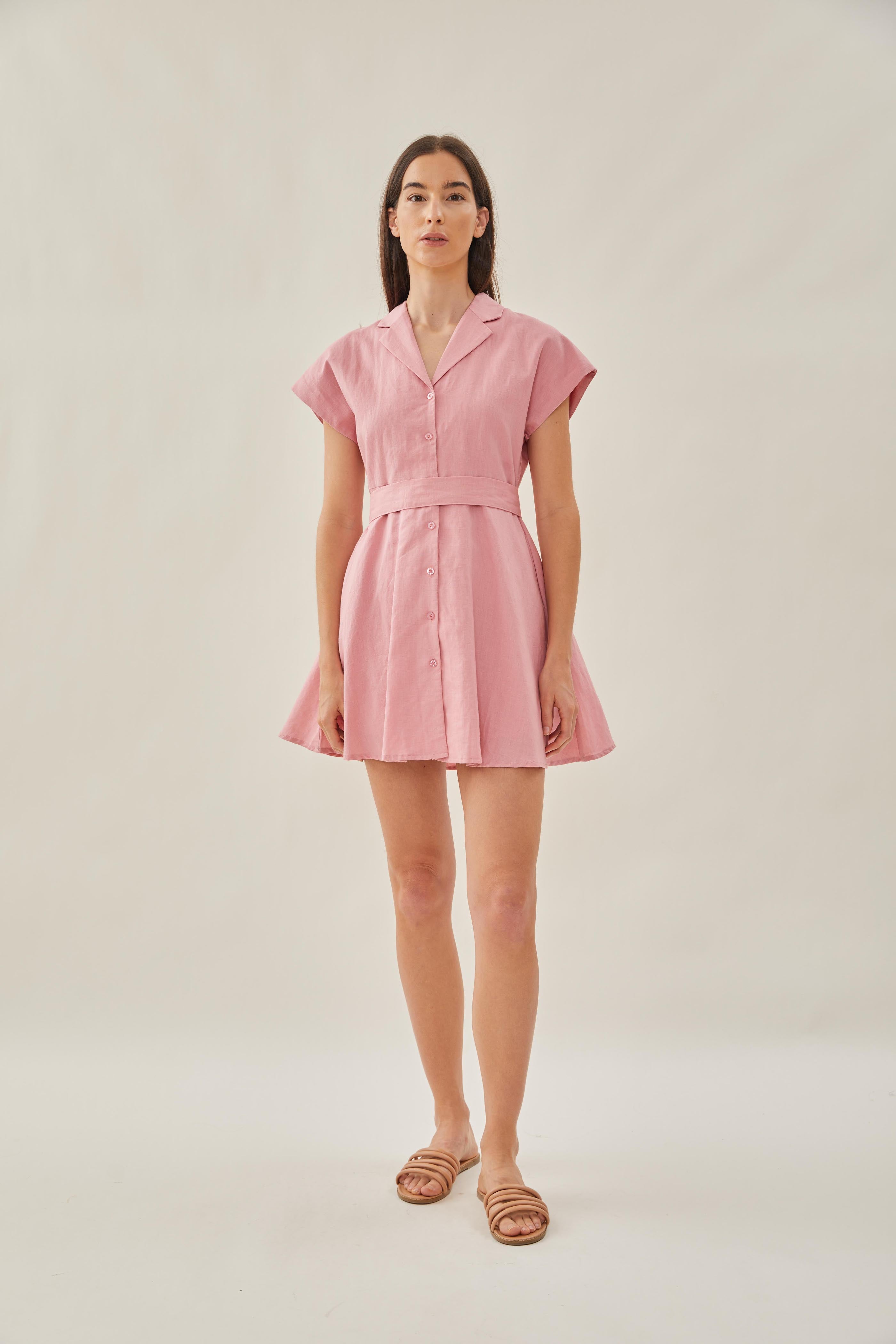 Linen Collared Mini Dress in Pink