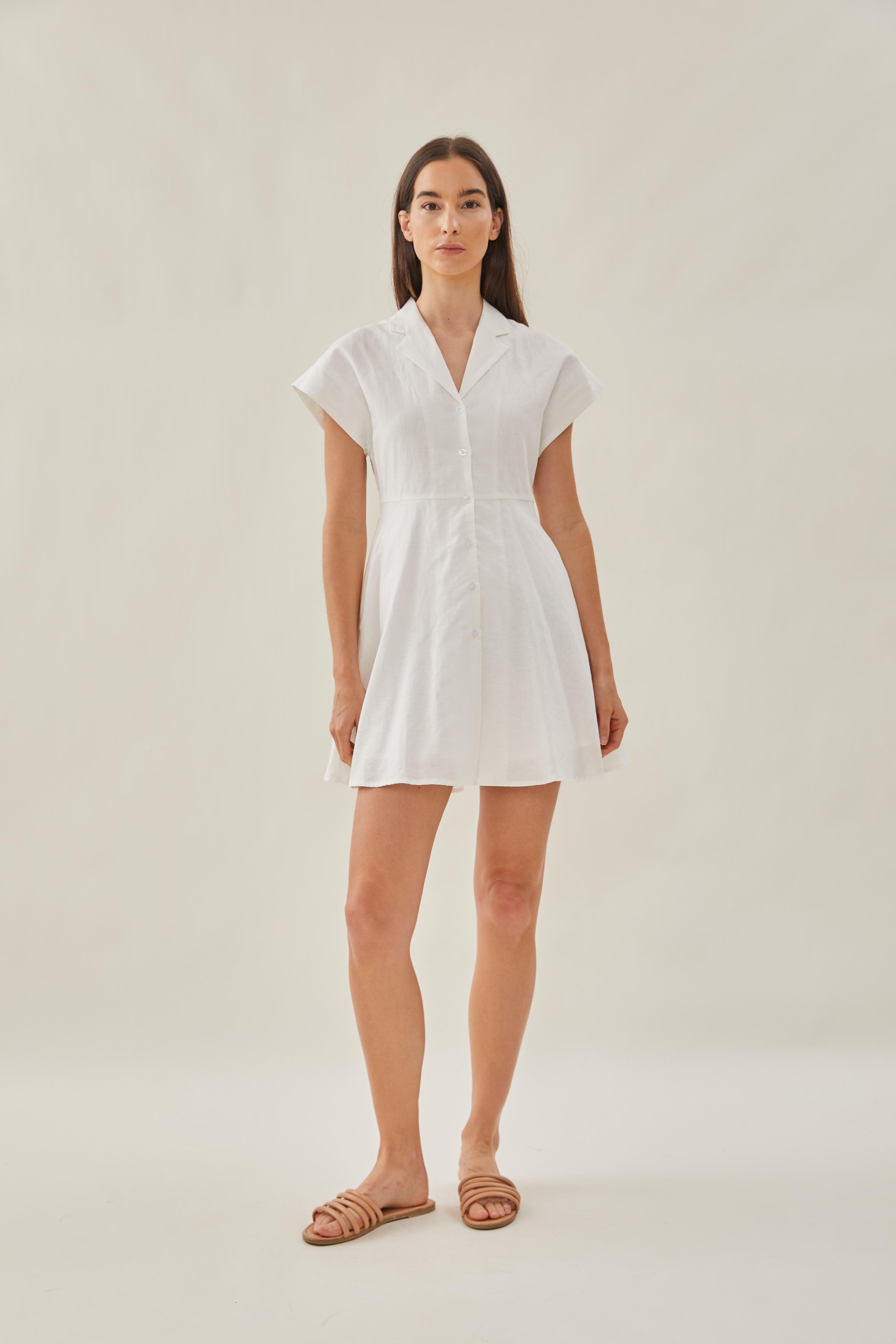 Linen Collared Mini Dress in White