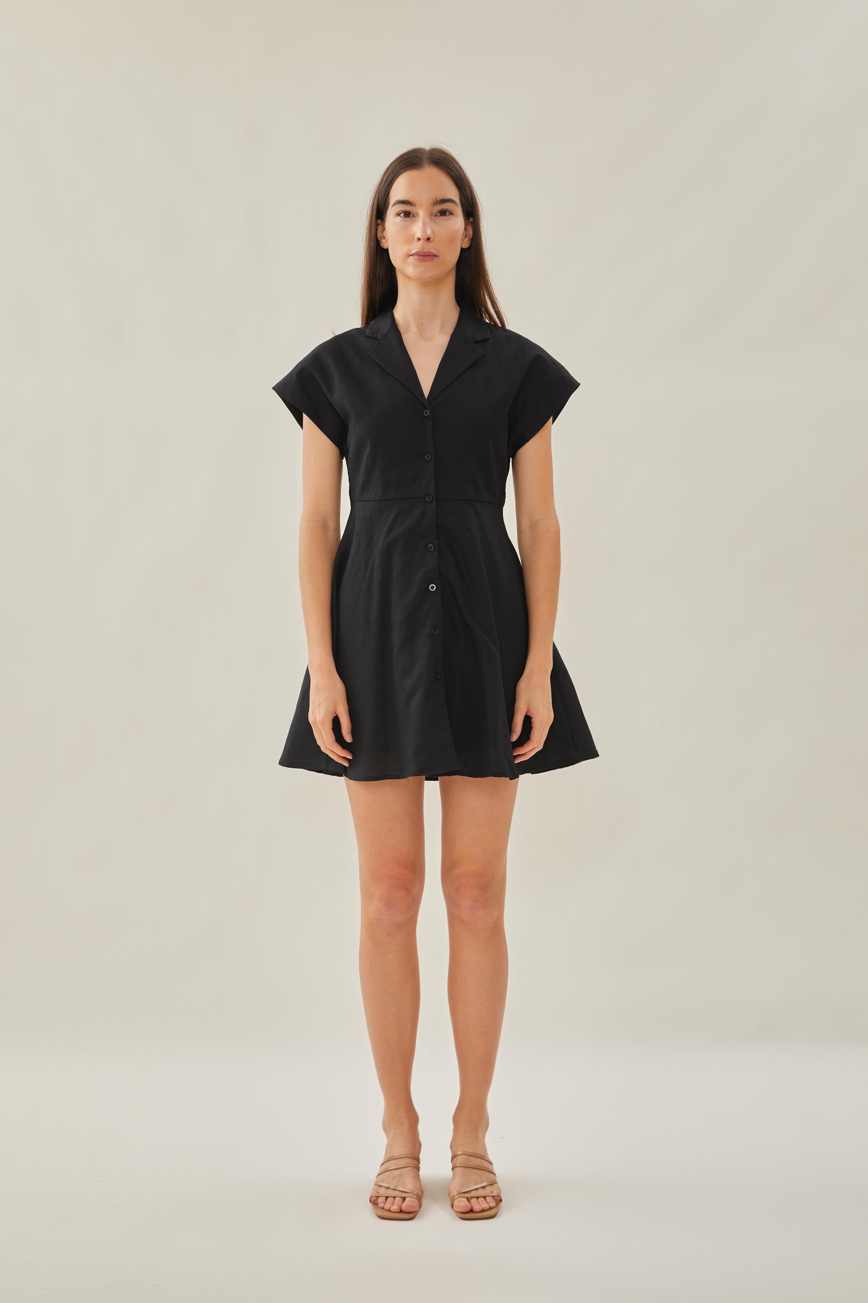 Linen Collared Mini Dress in Black