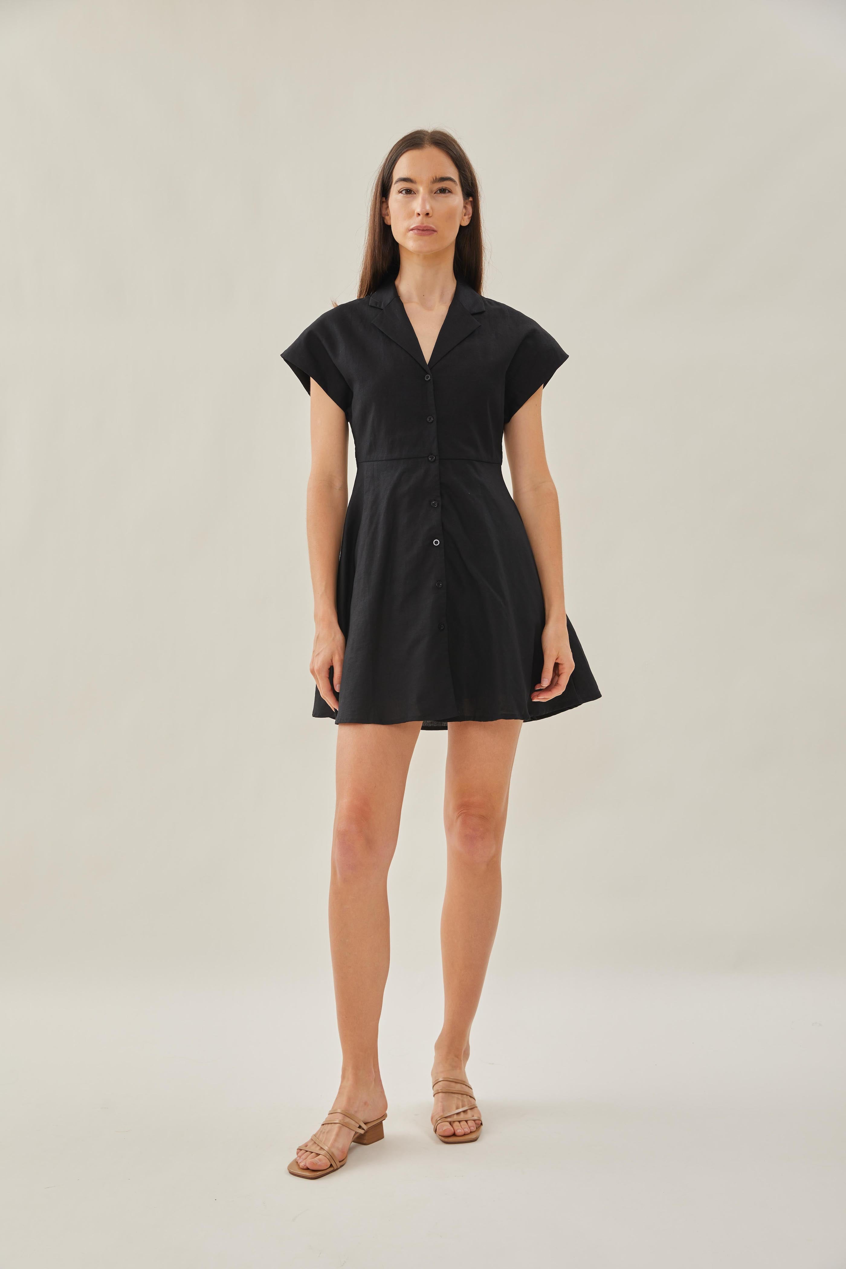 Linen Collared Mini Dress in Black