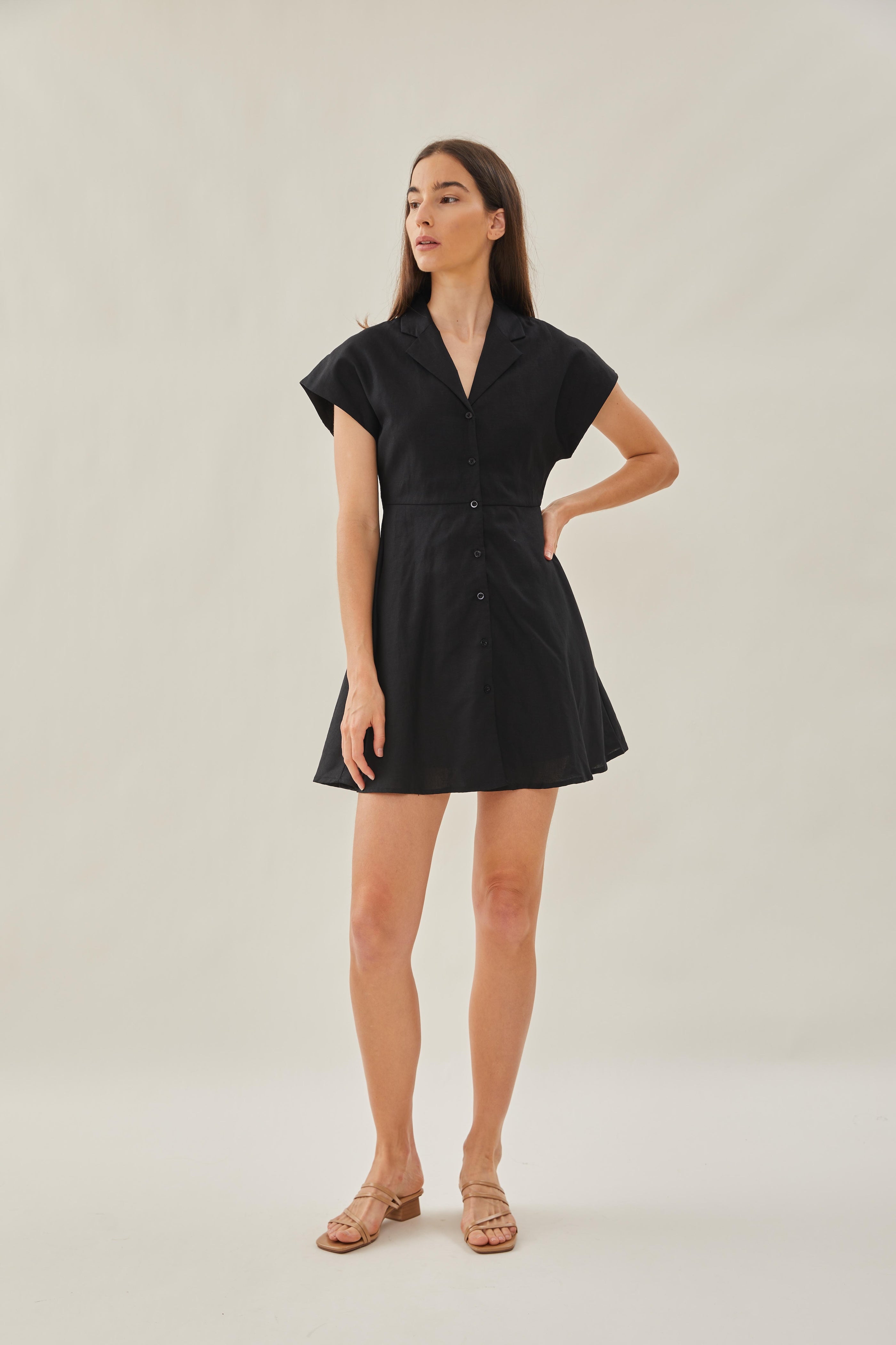 Linen Collared Mini Dress in Black