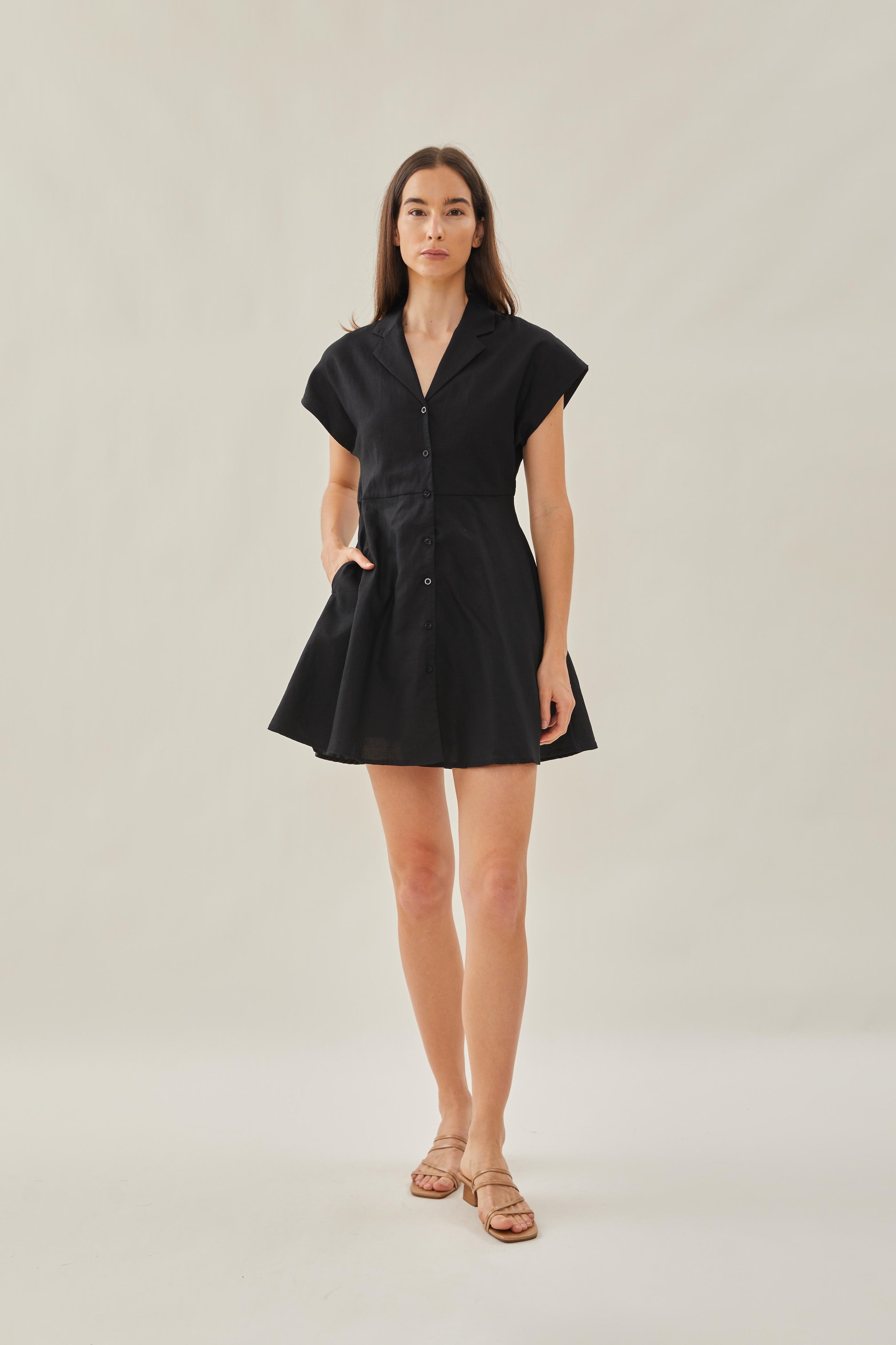 Linen Collared Mini Dress in Black