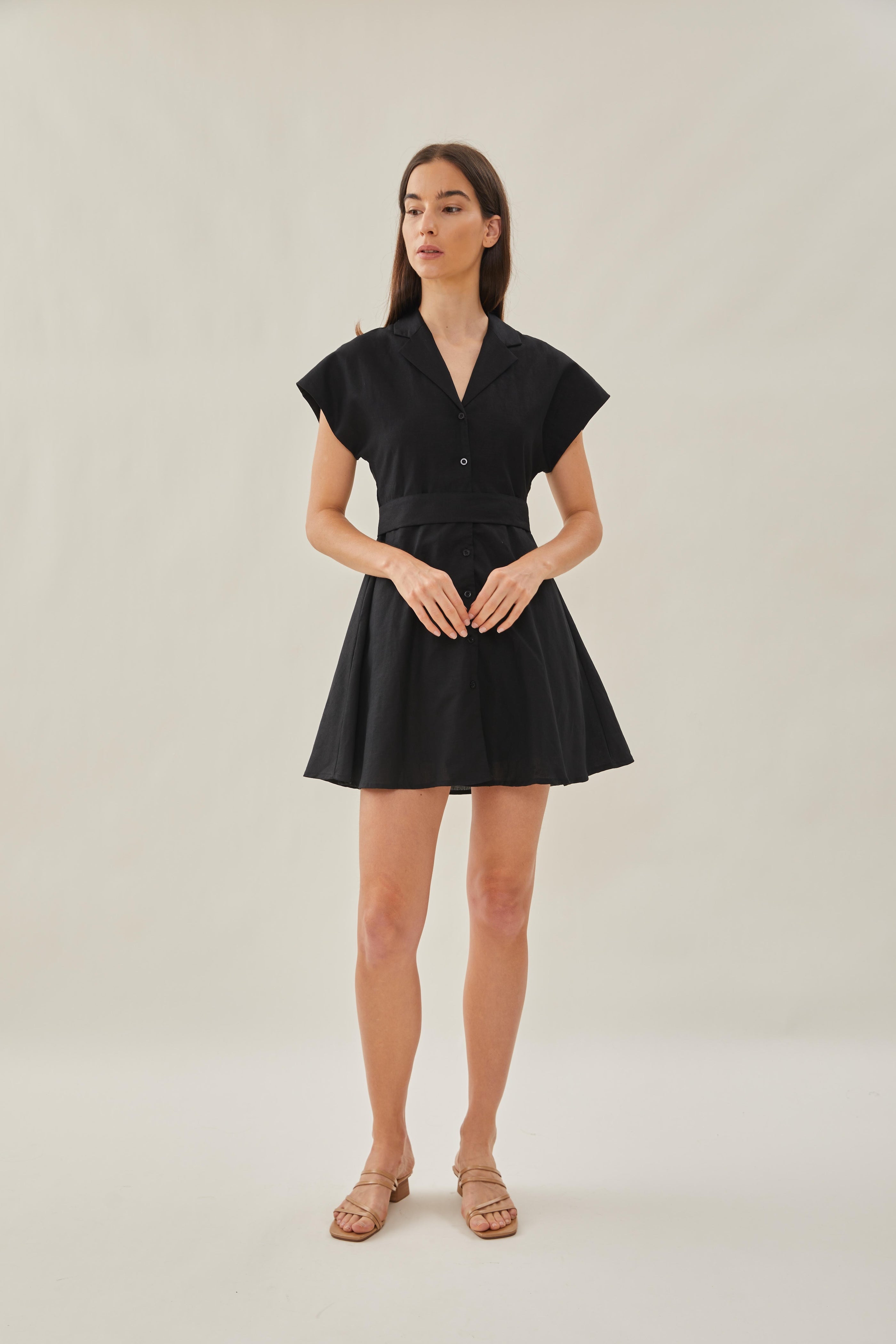 Linen Collared Mini Dress in Black