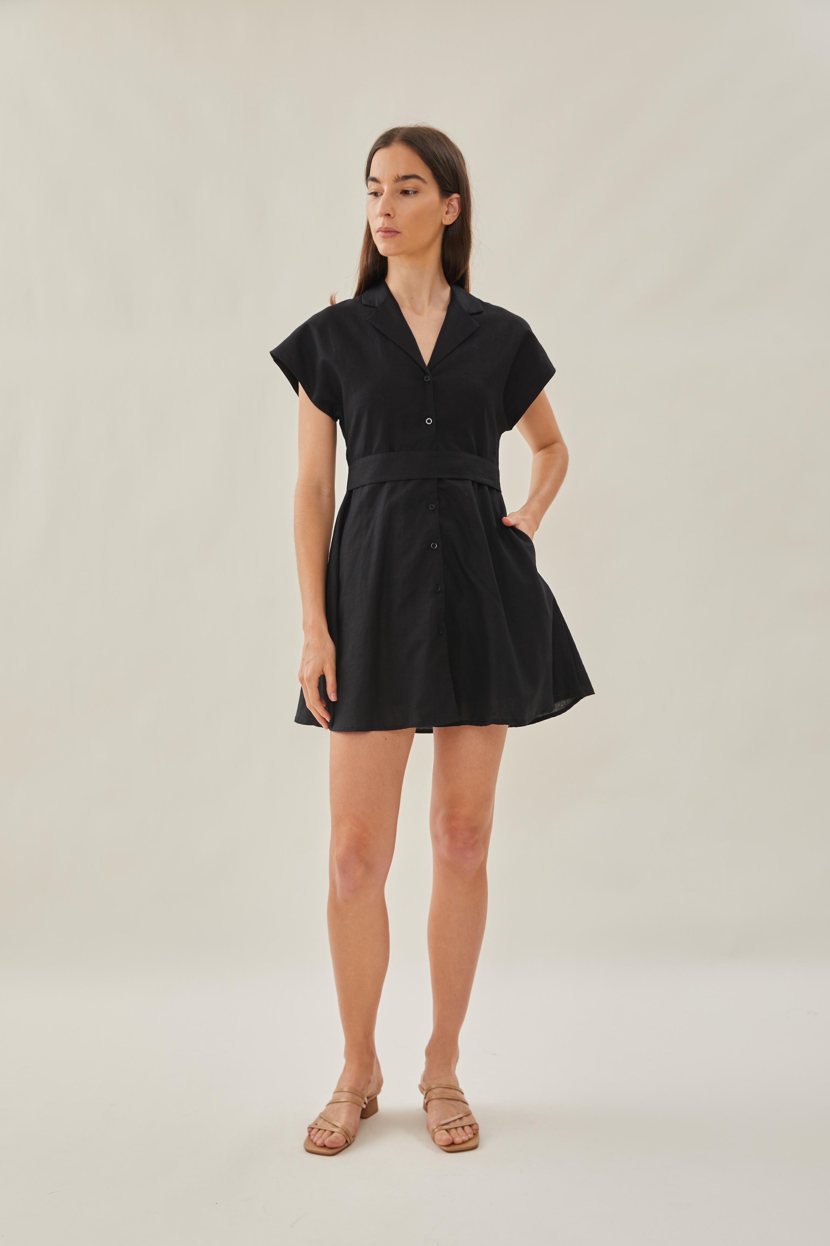 Linen Collared Mini Dress in Black