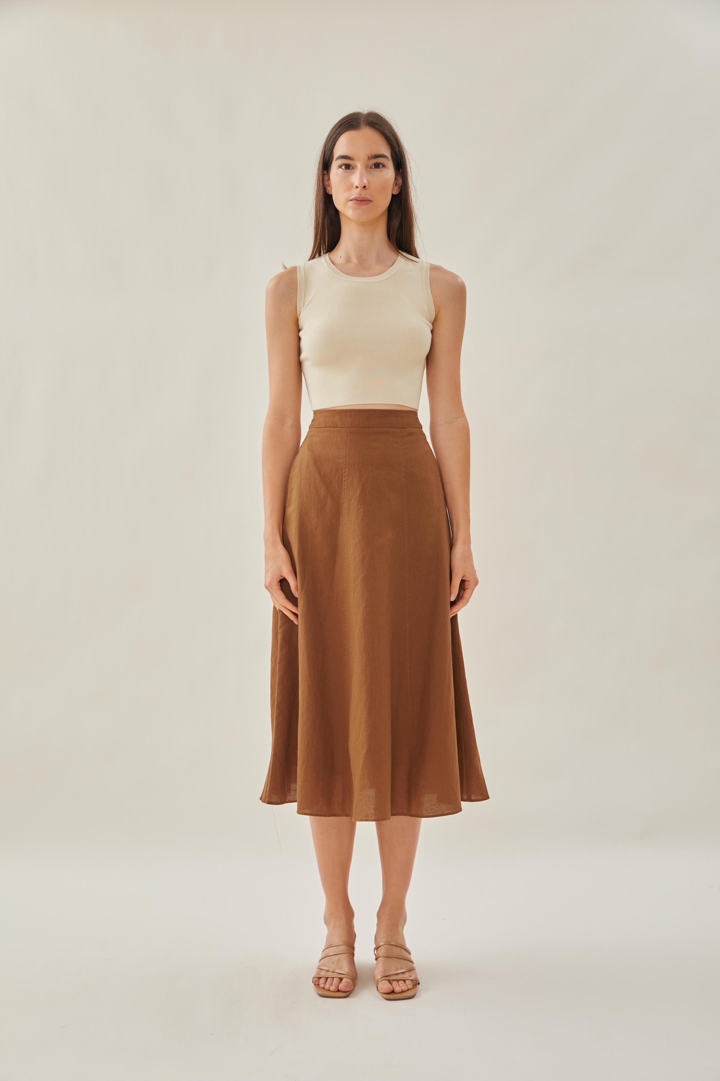 Linen Flared Midi Skirt in Brown