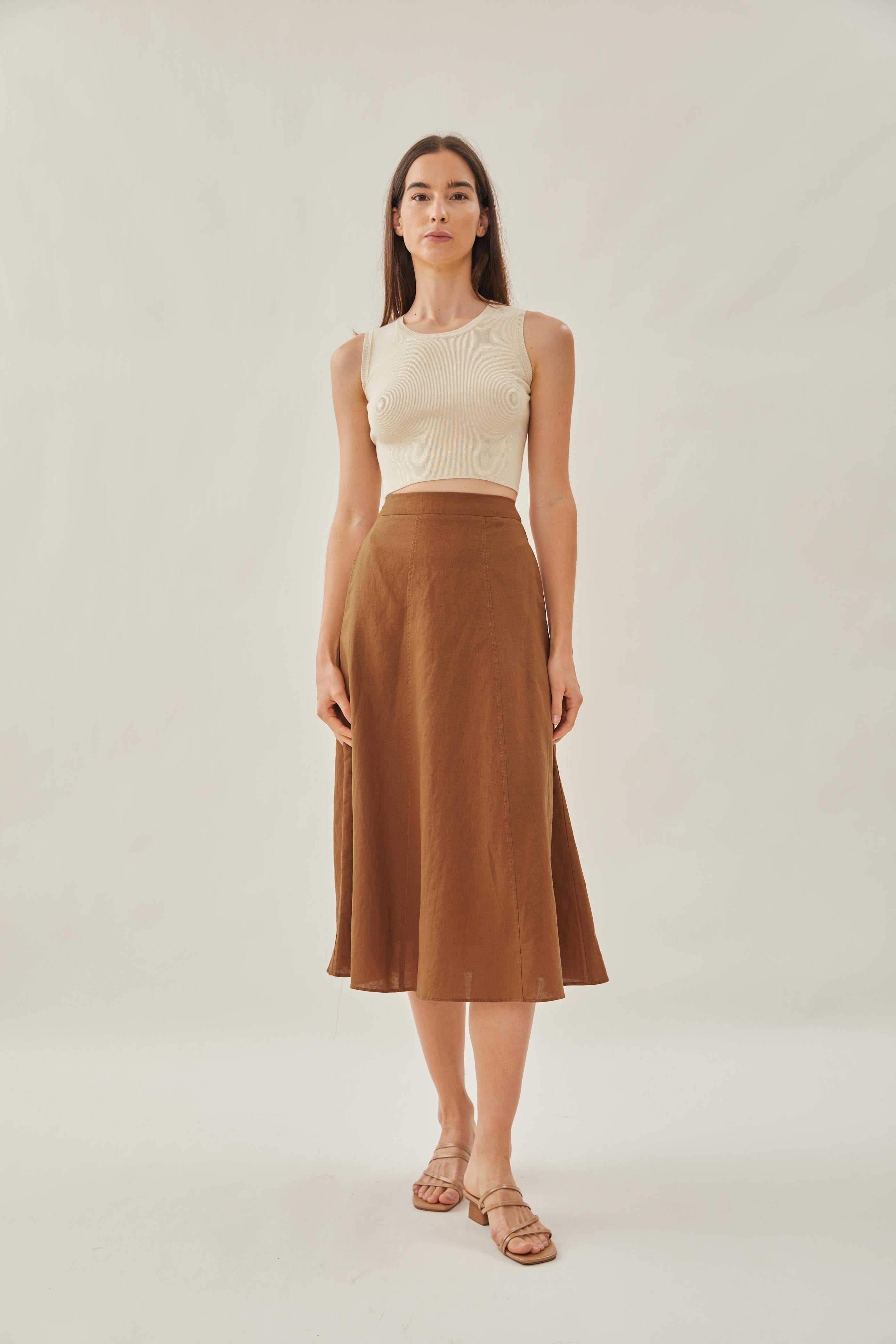 Linen Flared Midi Skirt in Brown