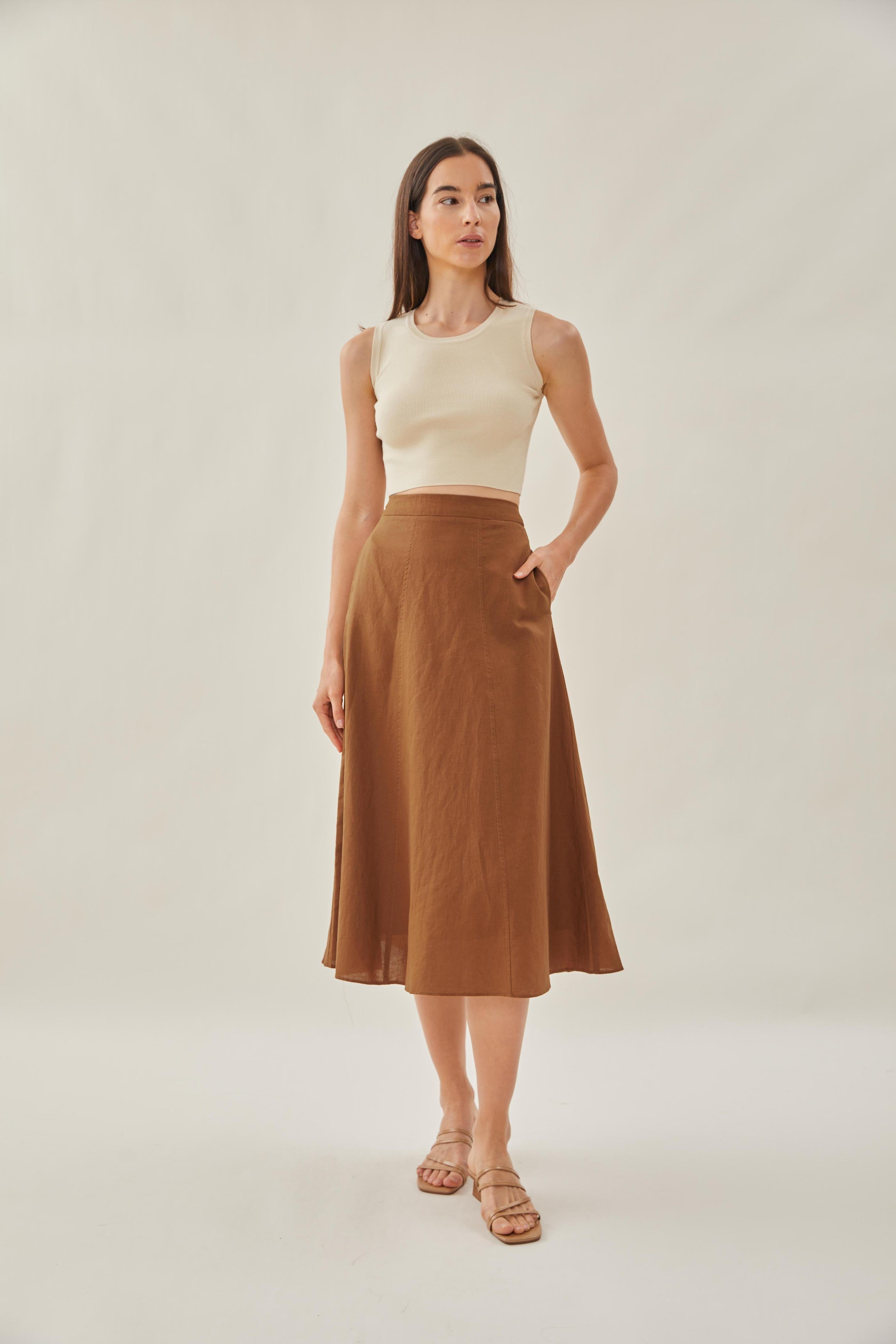 Linen Flared Midi Skirt in Brown