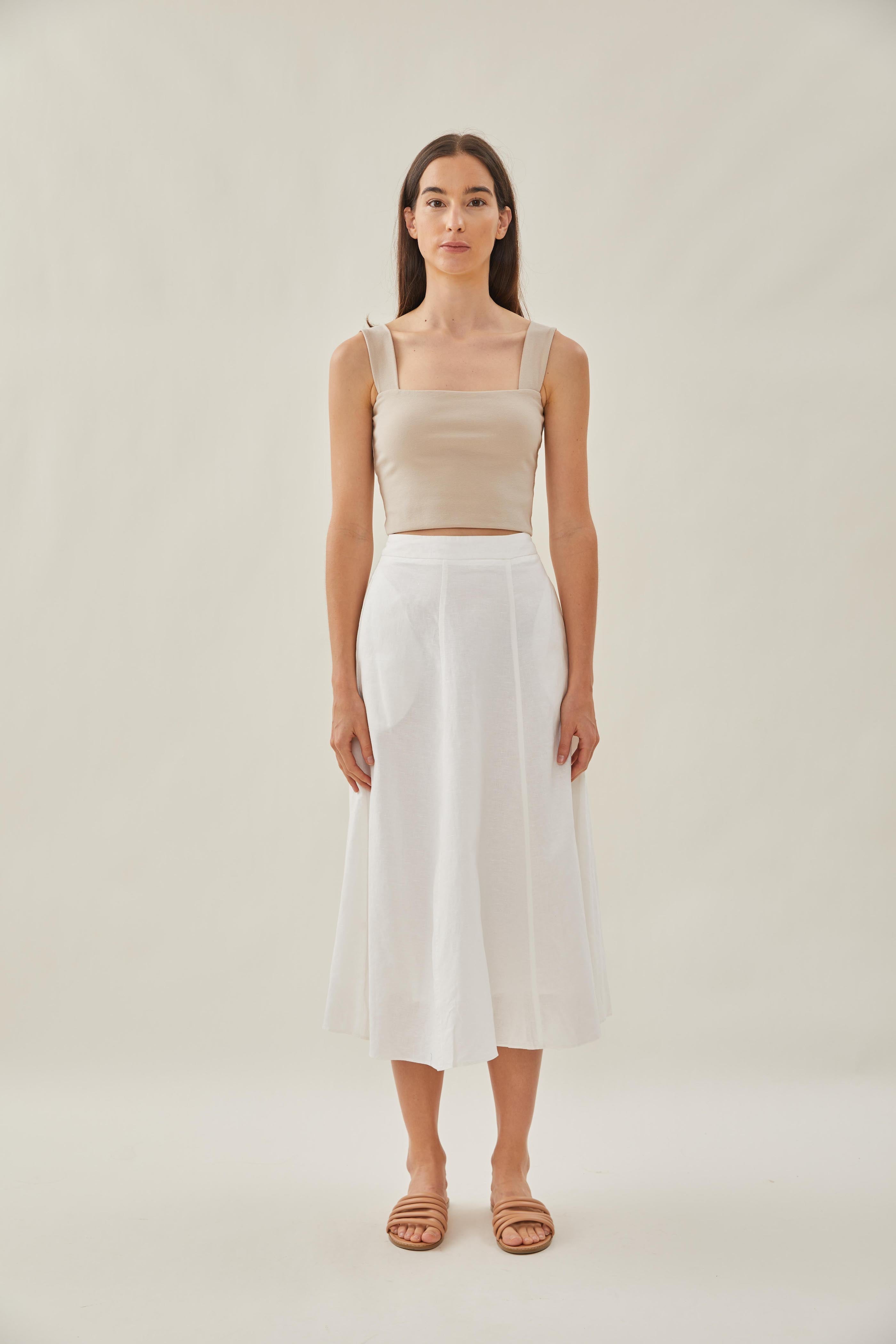 Linen Flared Midi Skirt in White