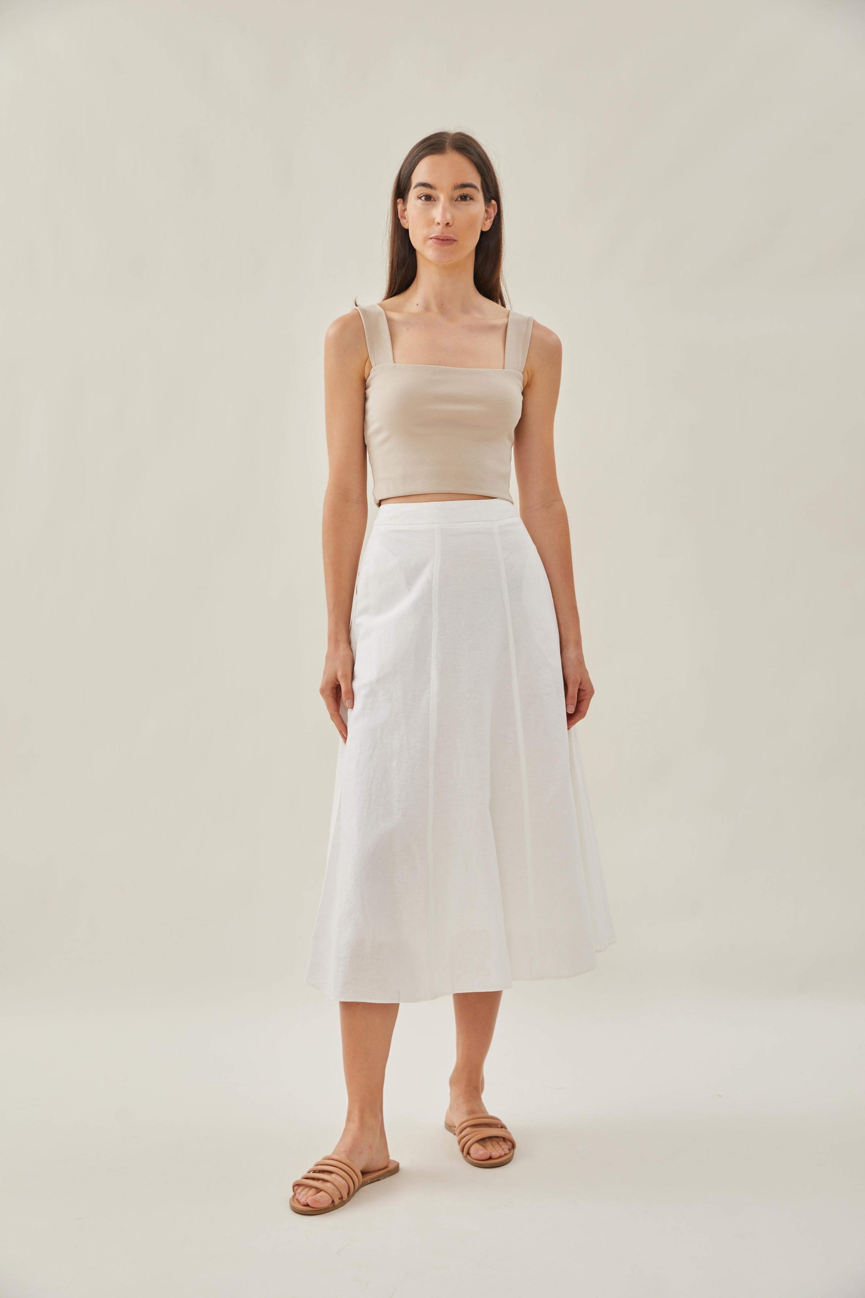 Linen Flared Midi Skirt in White