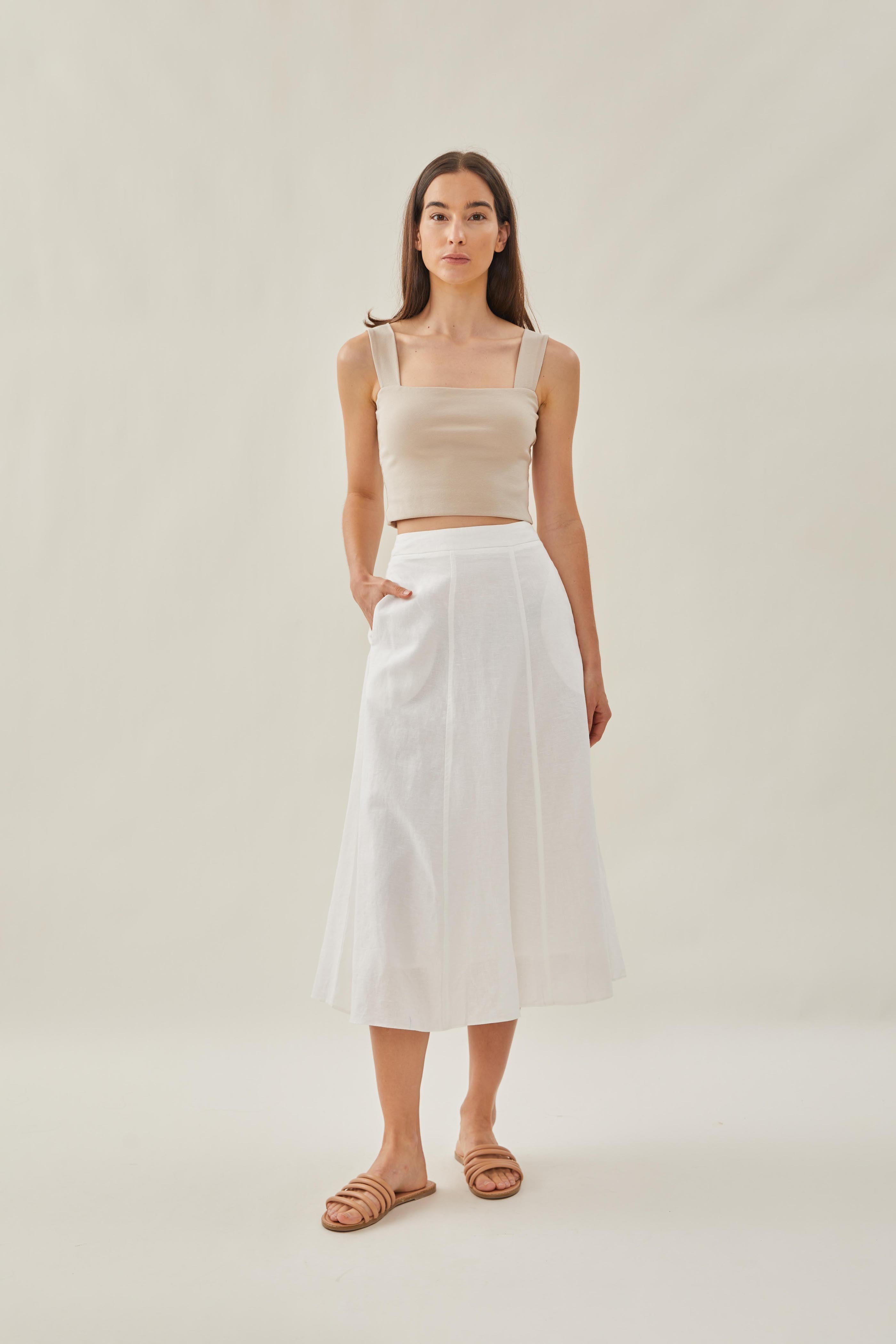 Linen Flared Midi Skirt in White