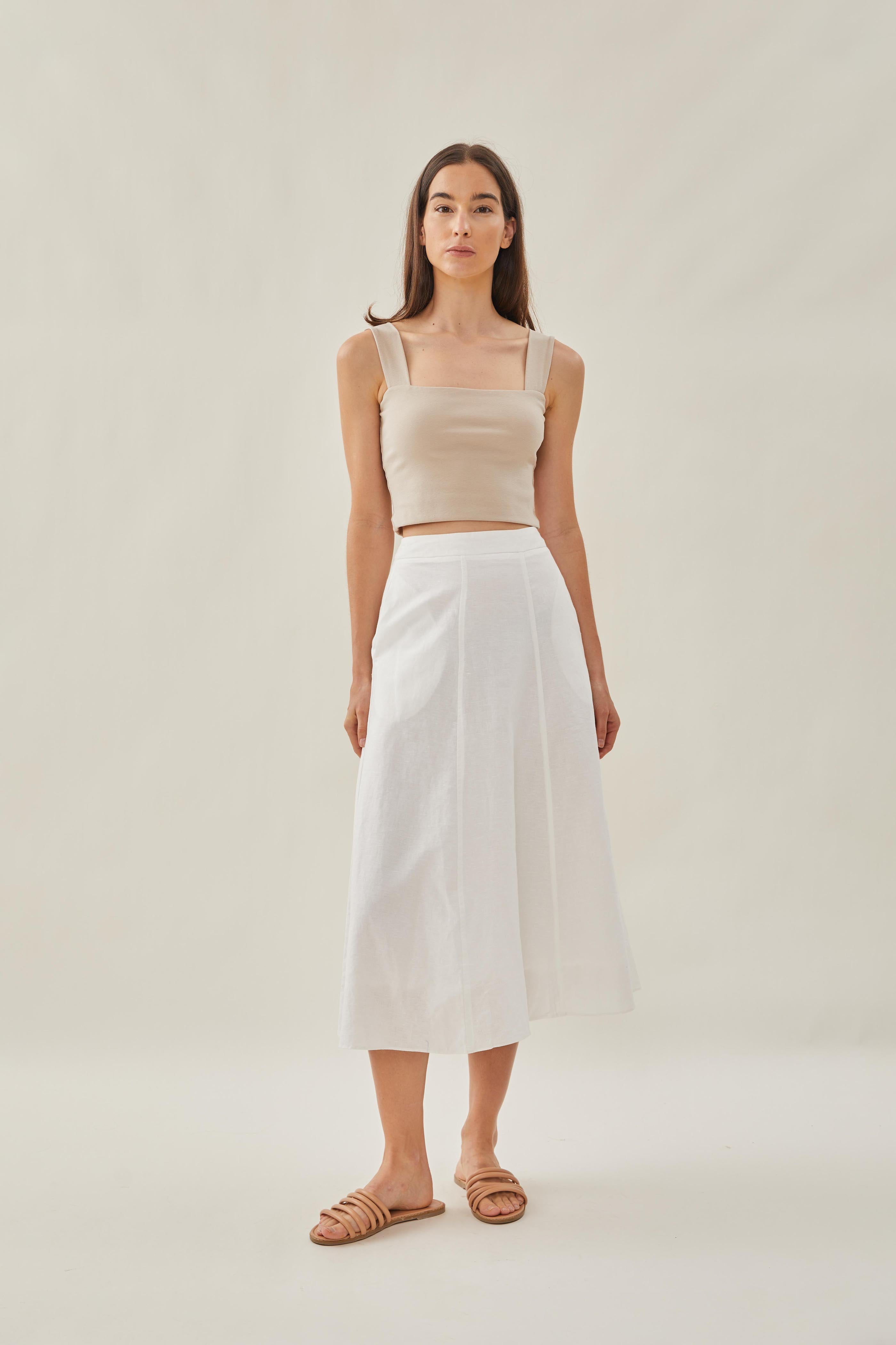 Linen Flared Midi Skirt in White