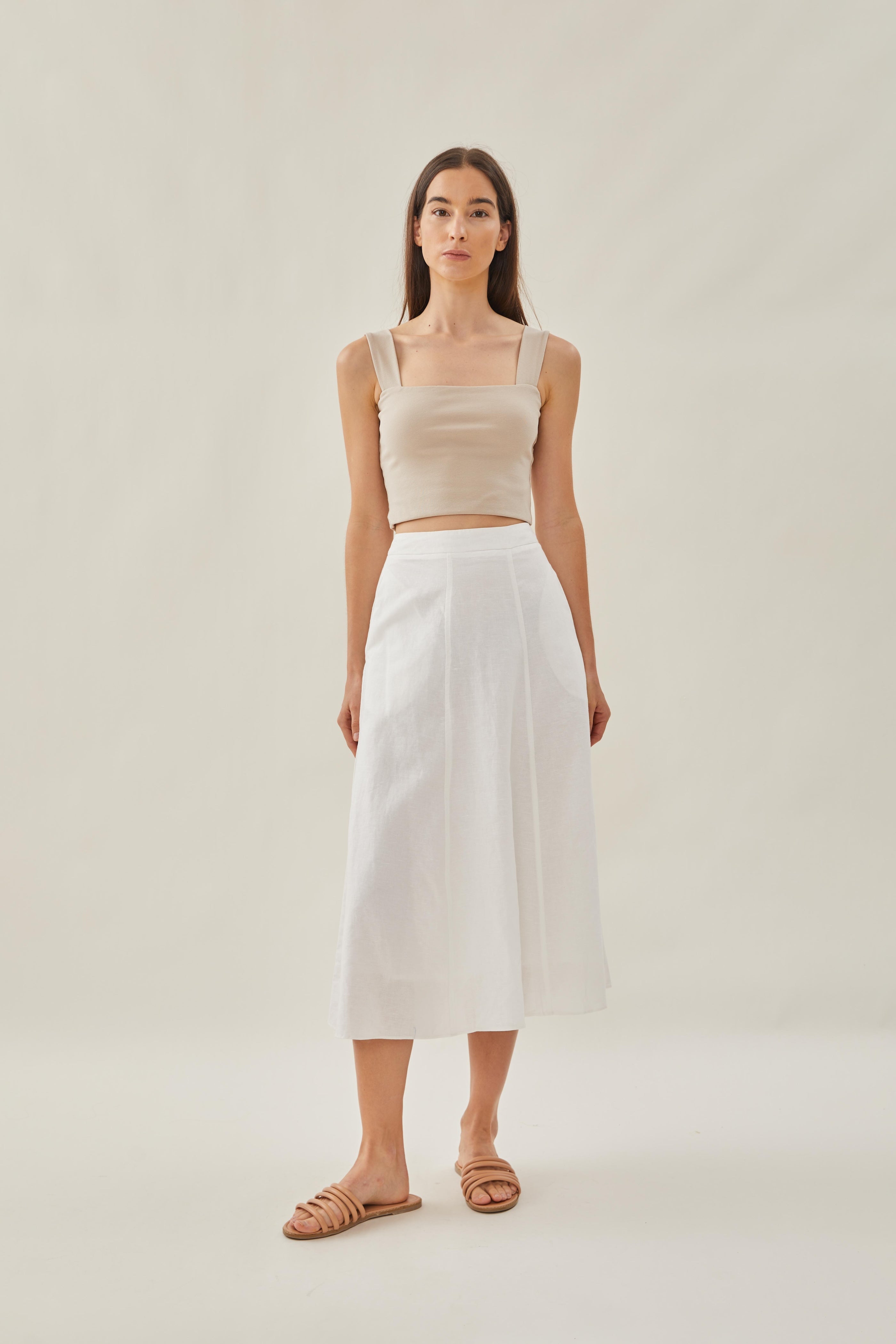 Linen Flared Midi Skirt in White
