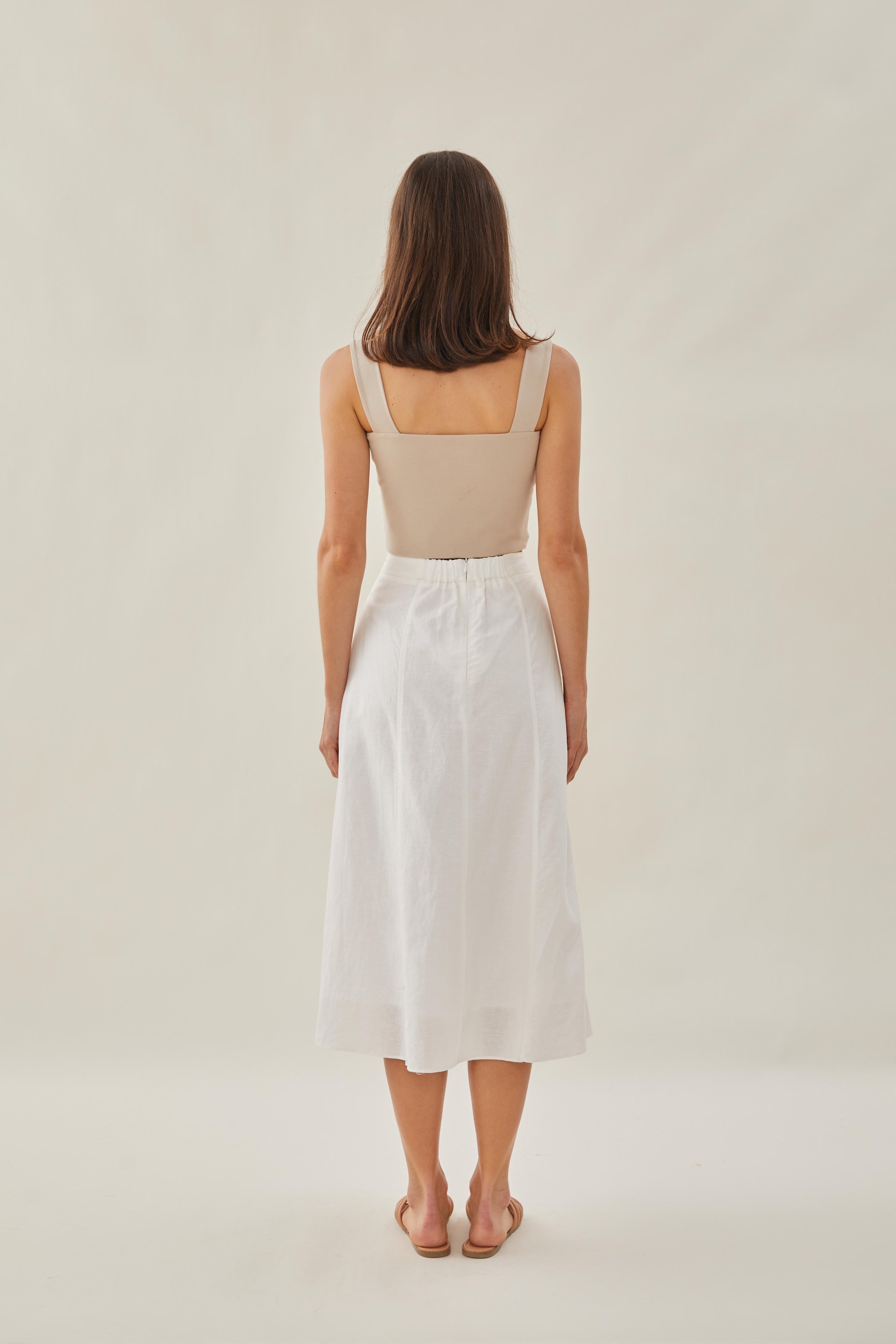 Linen Flared Midi Skirt in White