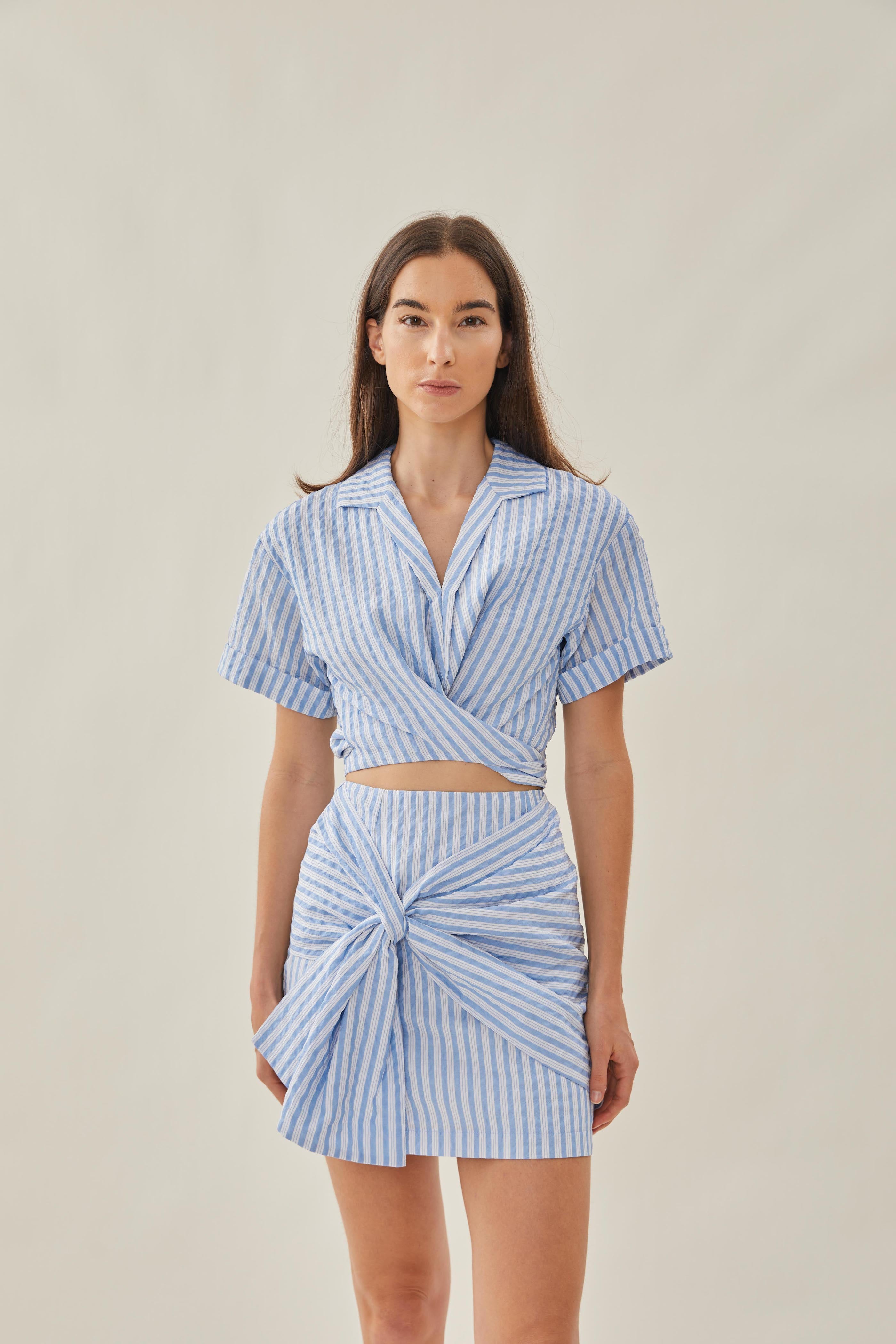 Knotted Mini Skirt in Stripe Blue