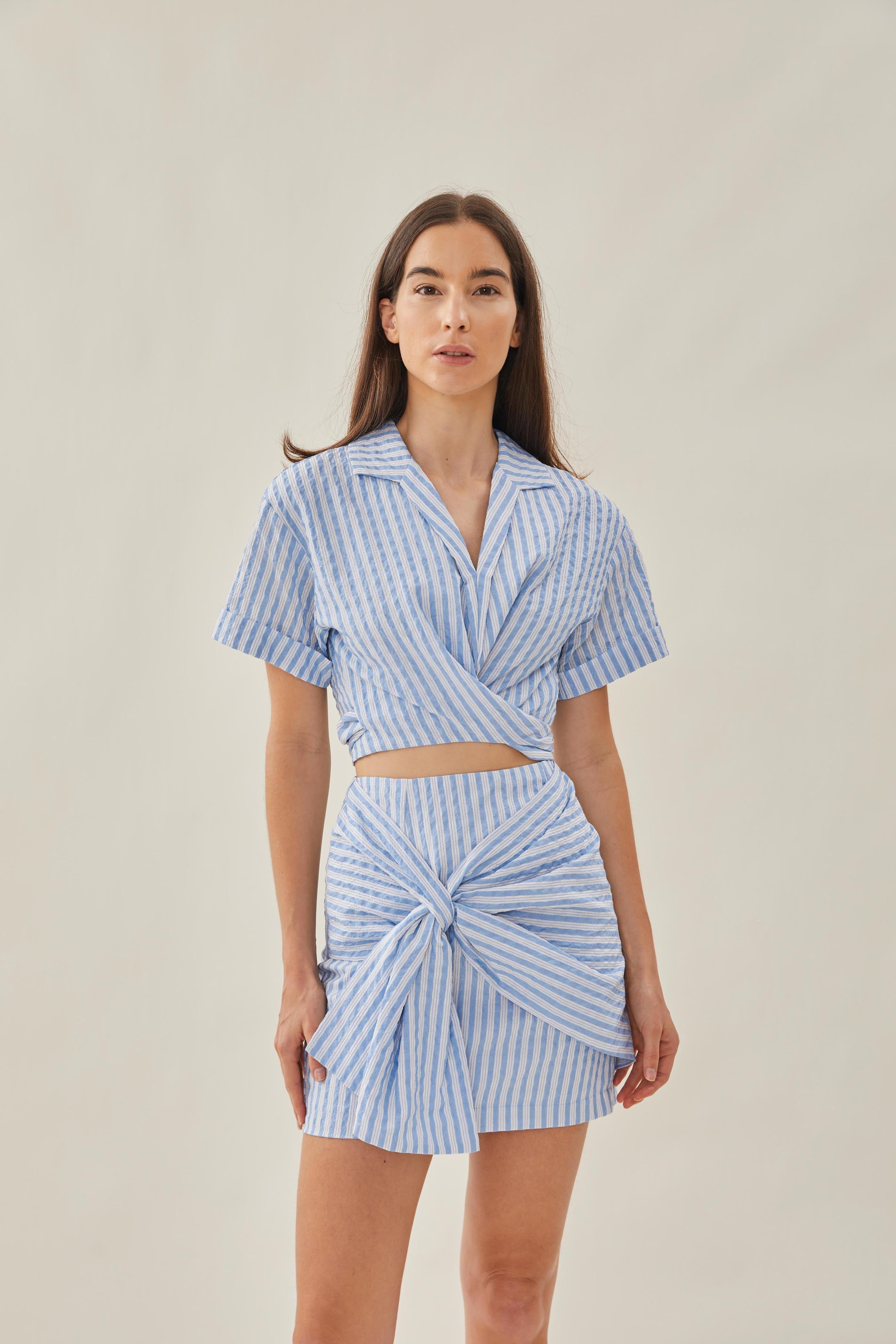 Knotted Mini Skirt in Stripe Blue