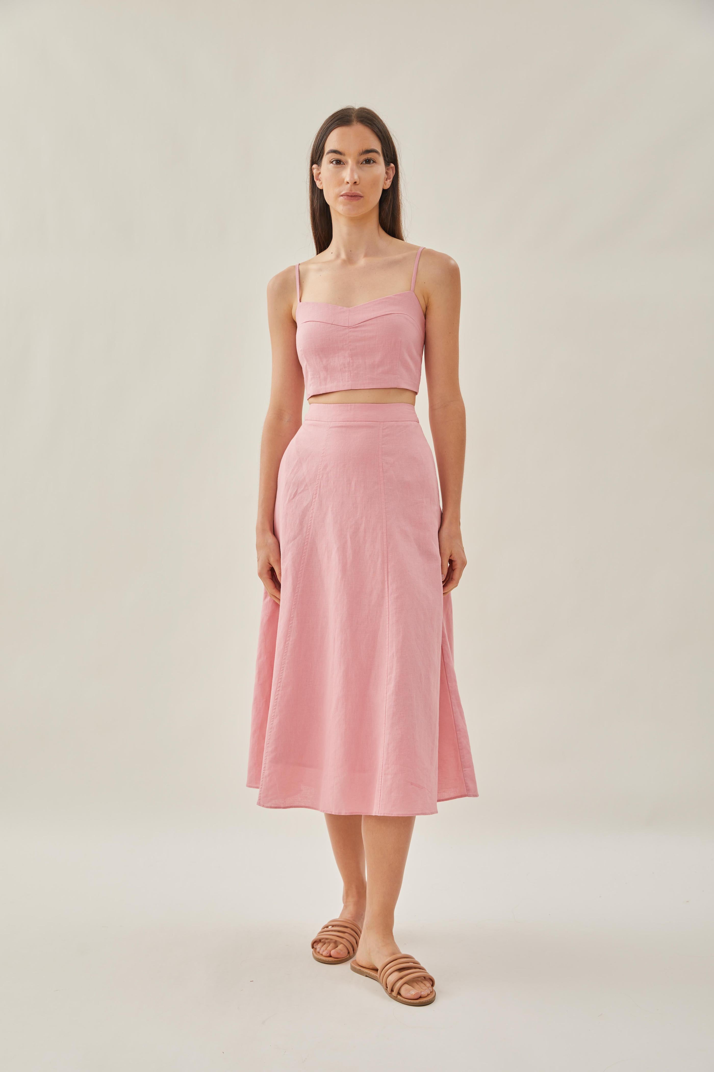 Linen Flared Midi Skirt in Pink