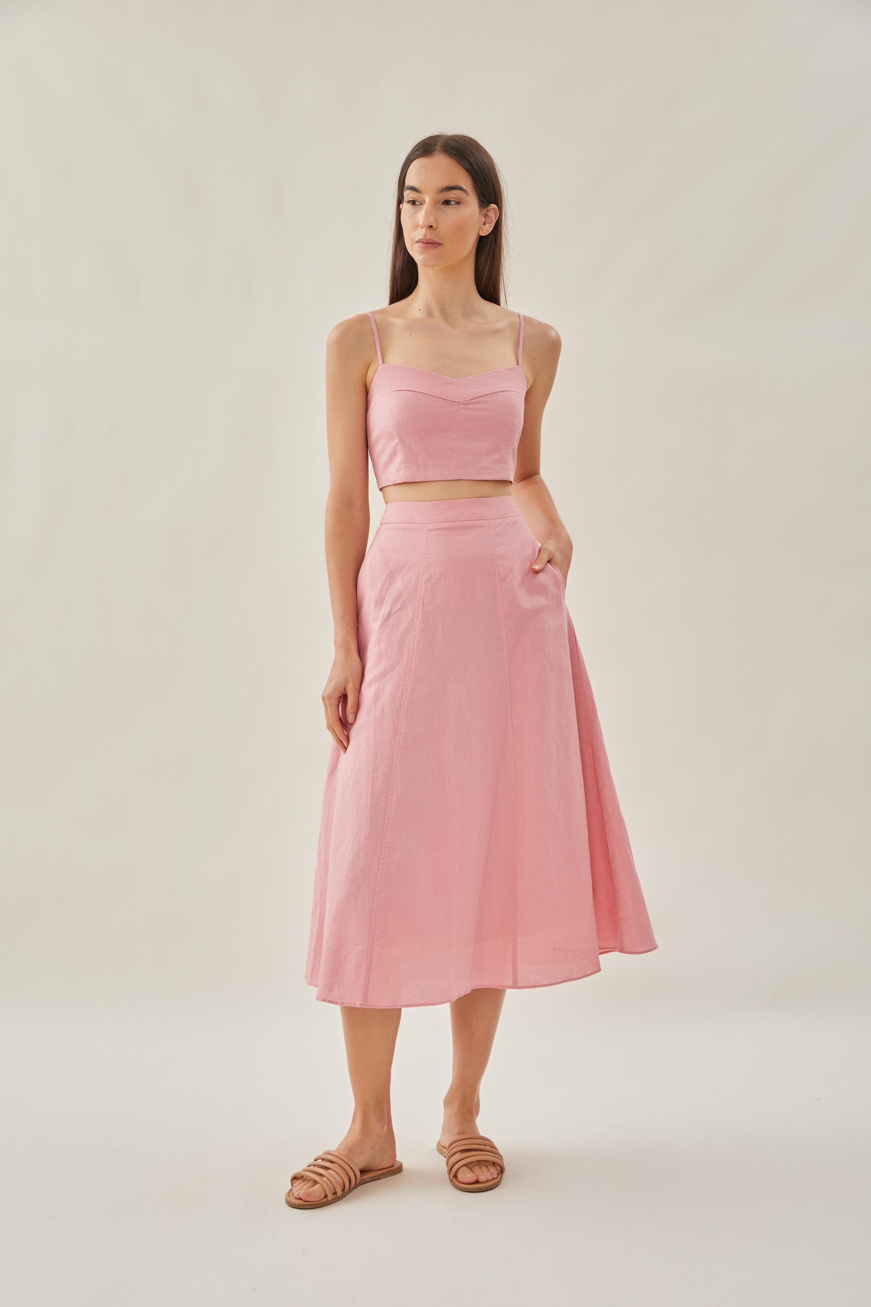 Linen Flared Midi Skirt in Pink