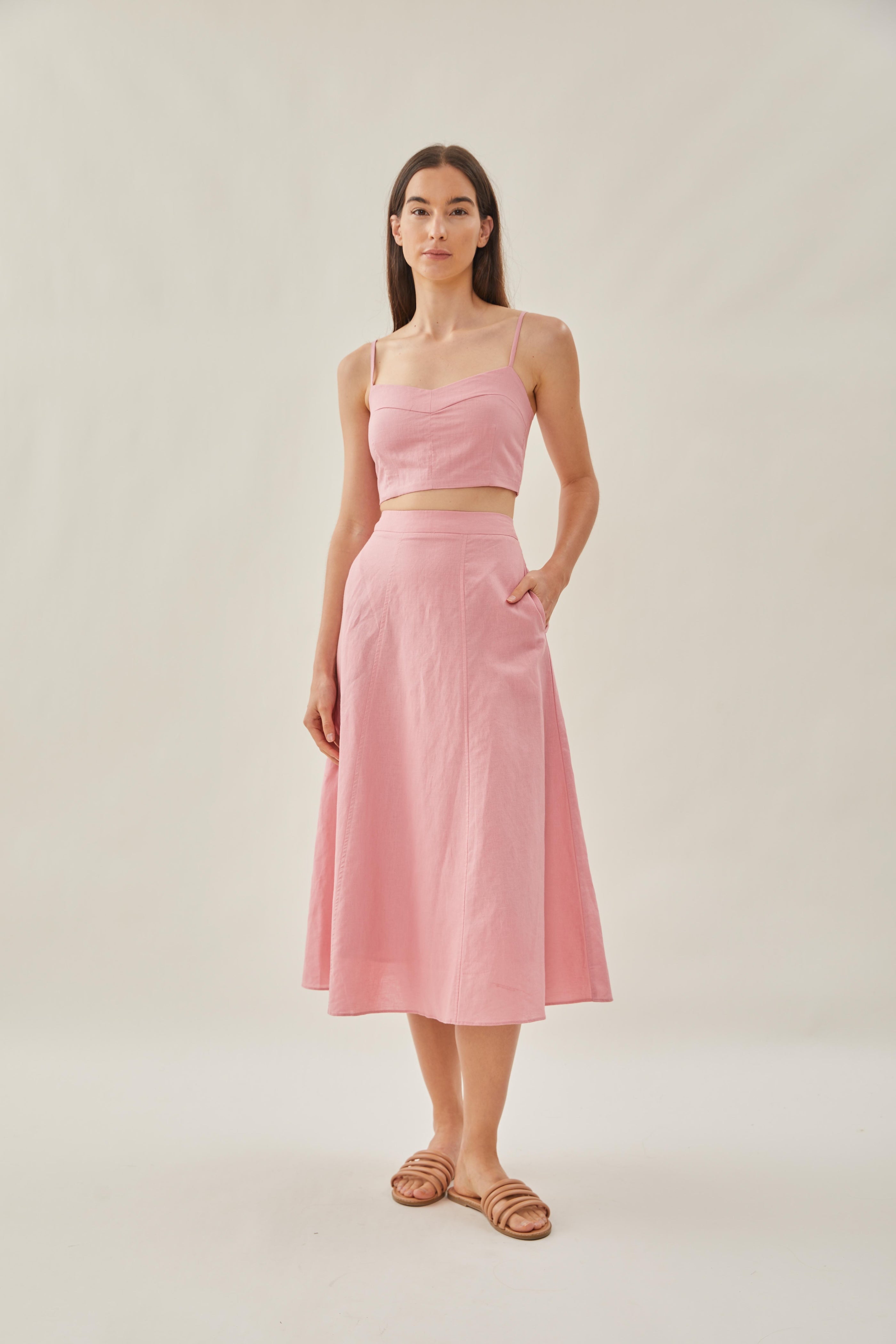 Linen Flared Midi Skirt in Pink