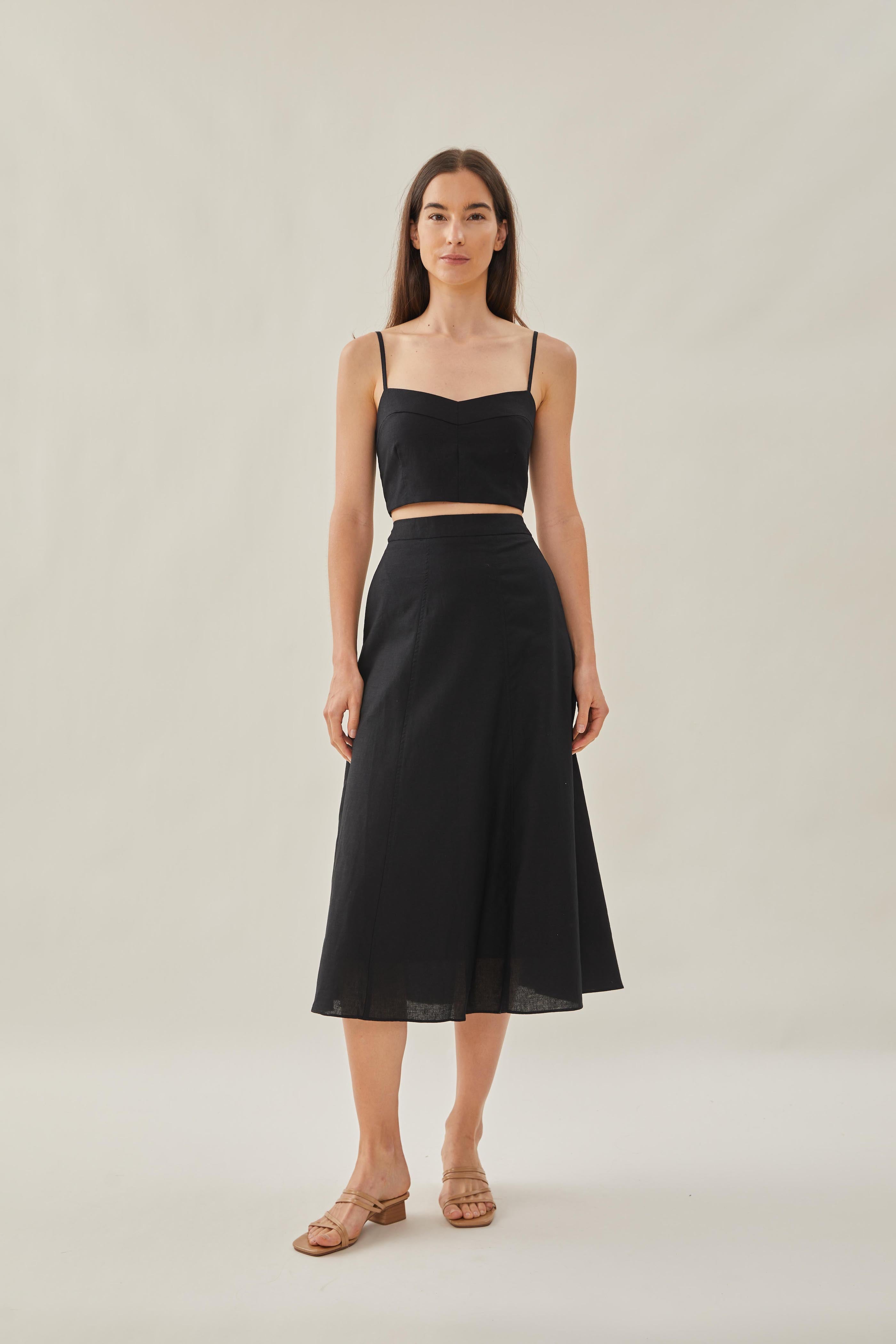 Linen Flared Midi Skirt in Black