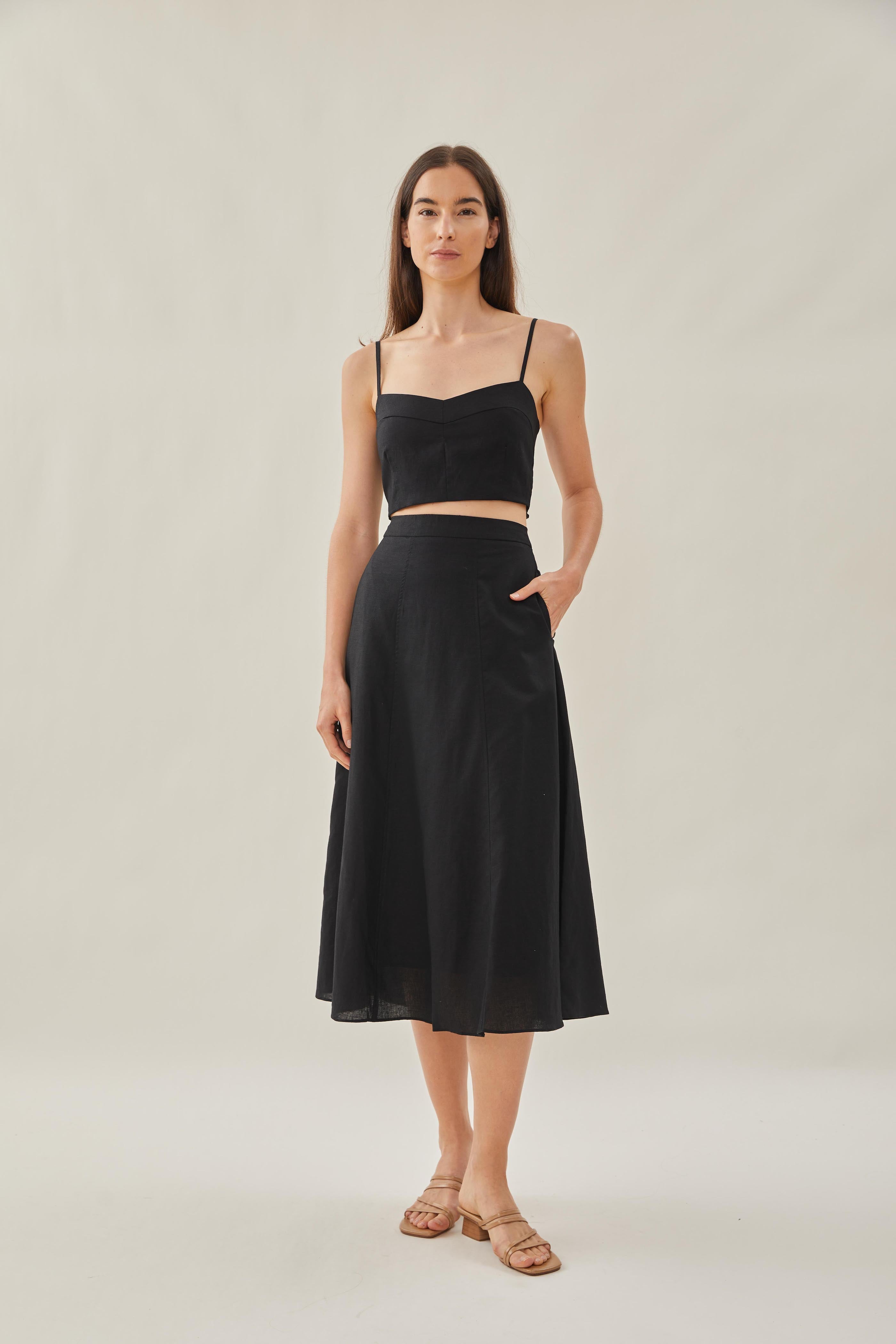 Linen Flared Midi Skirt in Black