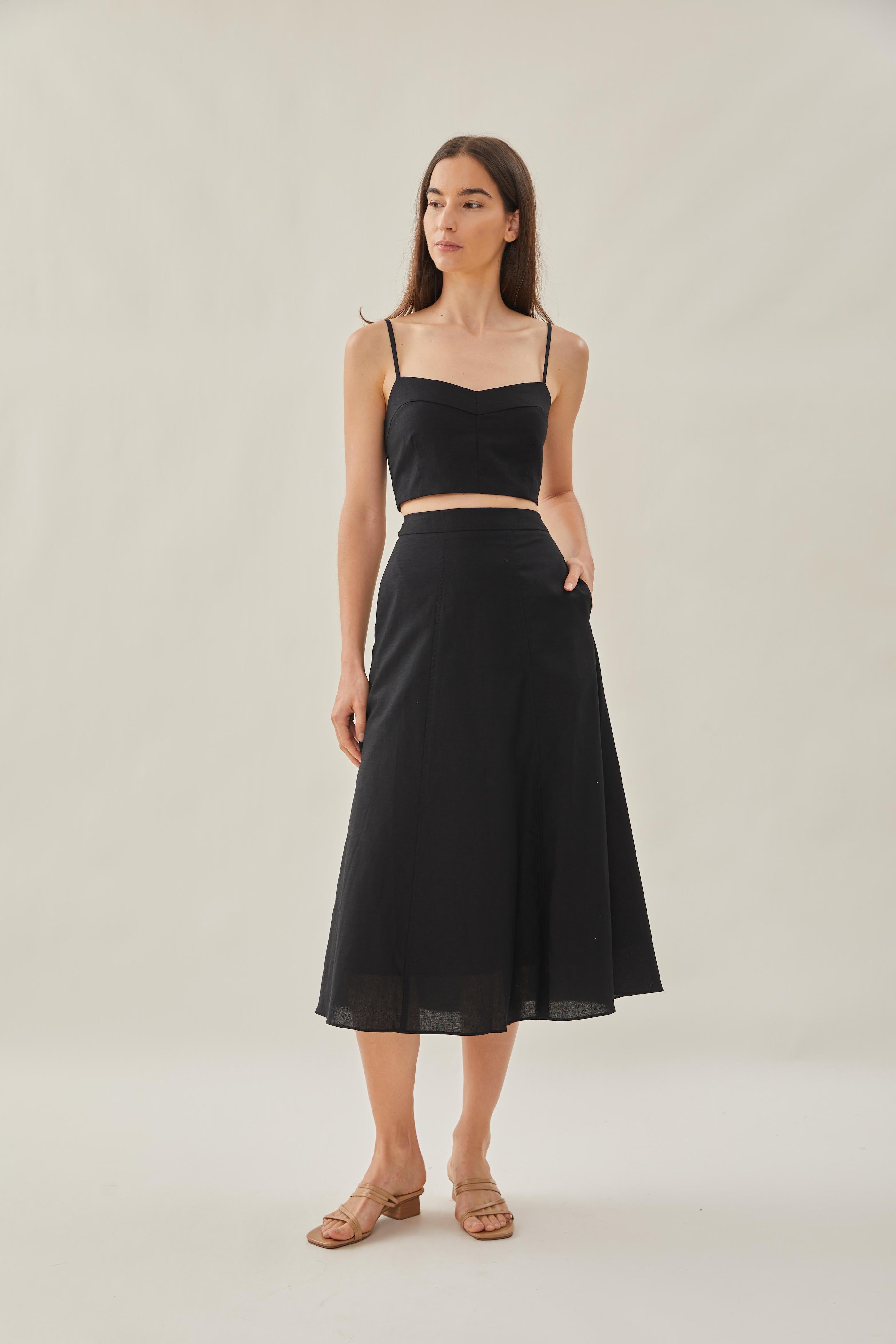 Linen Flared Midi Skirt in Black