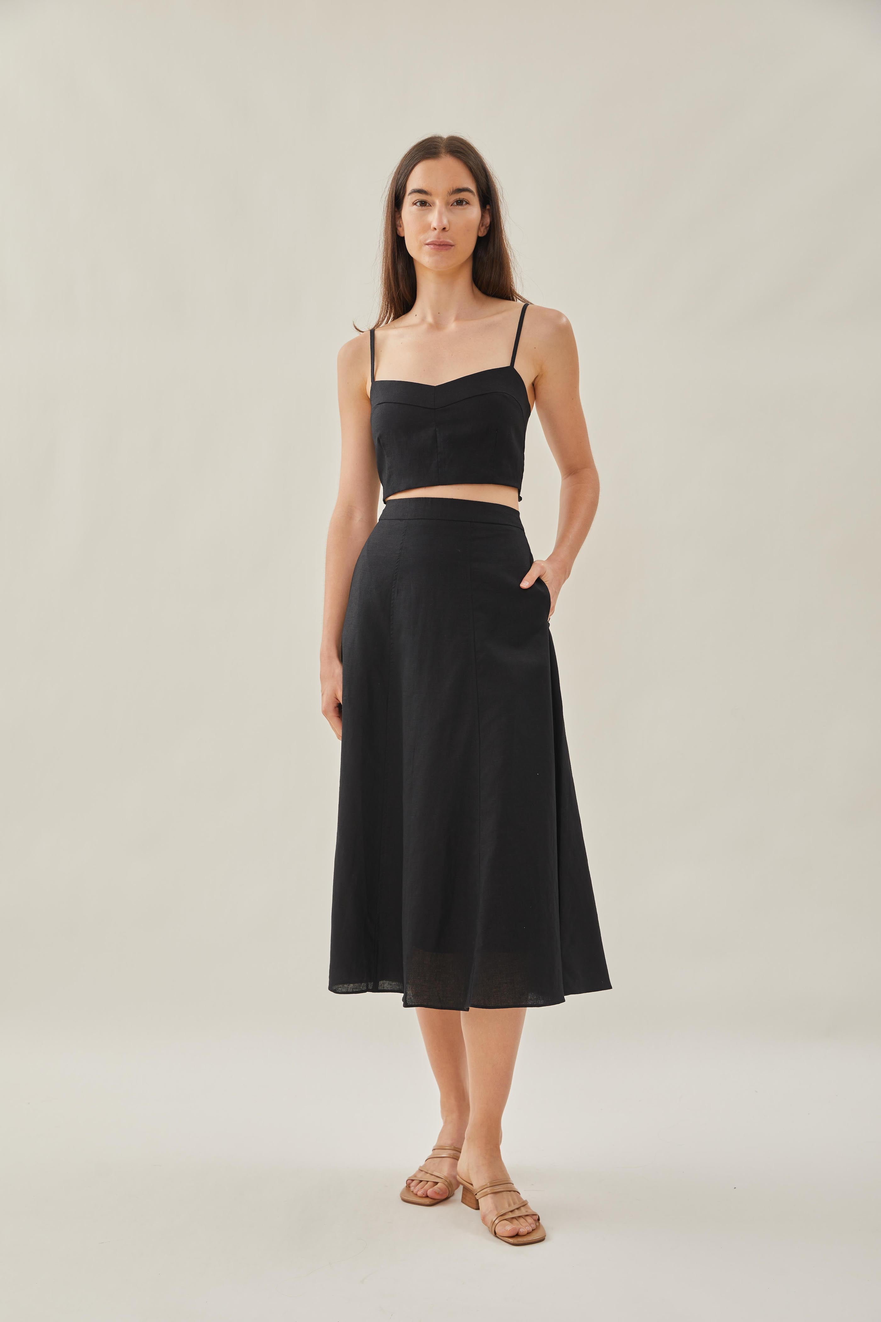 Linen Flared Midi Skirt in Black