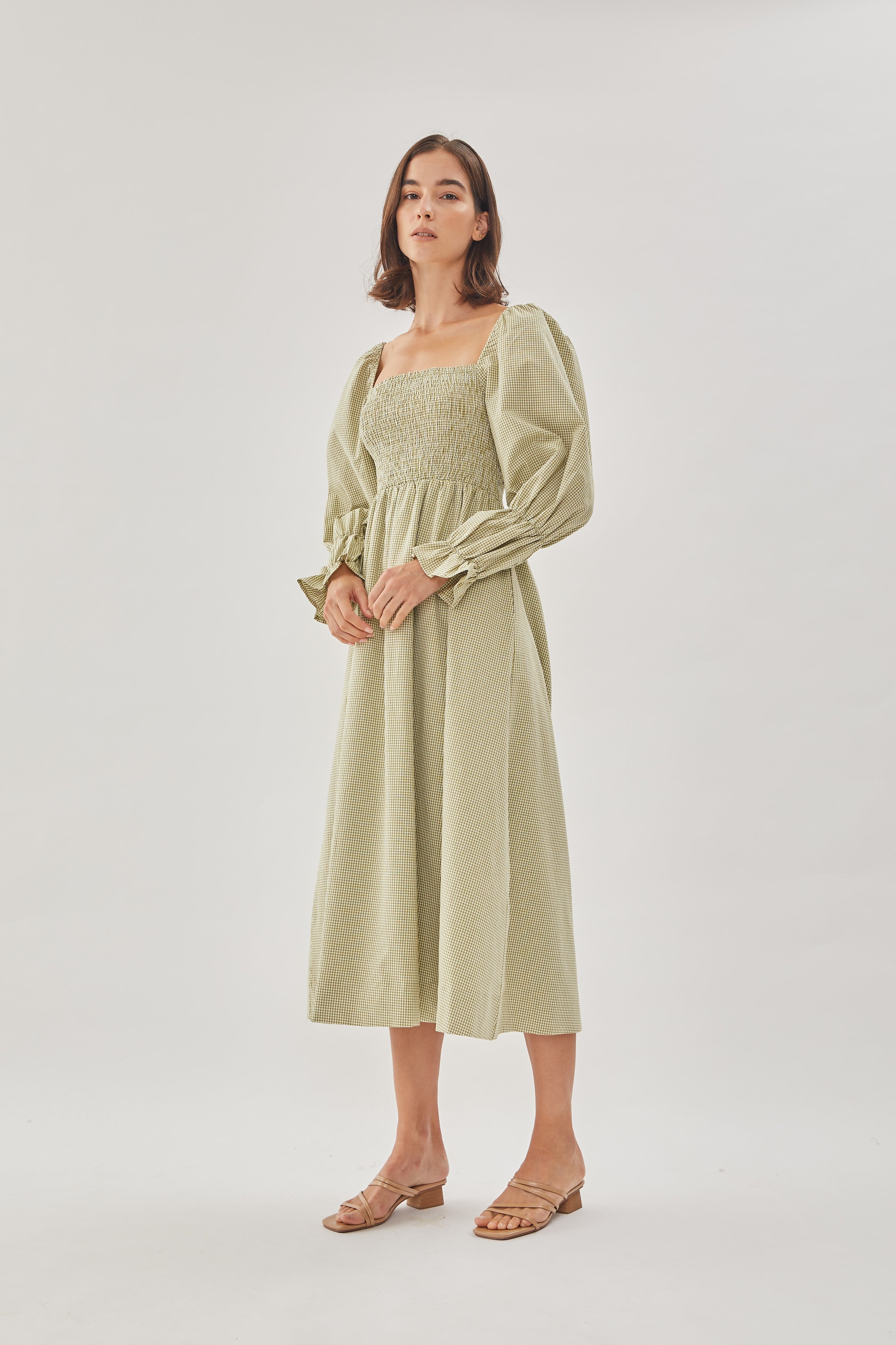 Cotton Shirred Dress in Checkered Olive
