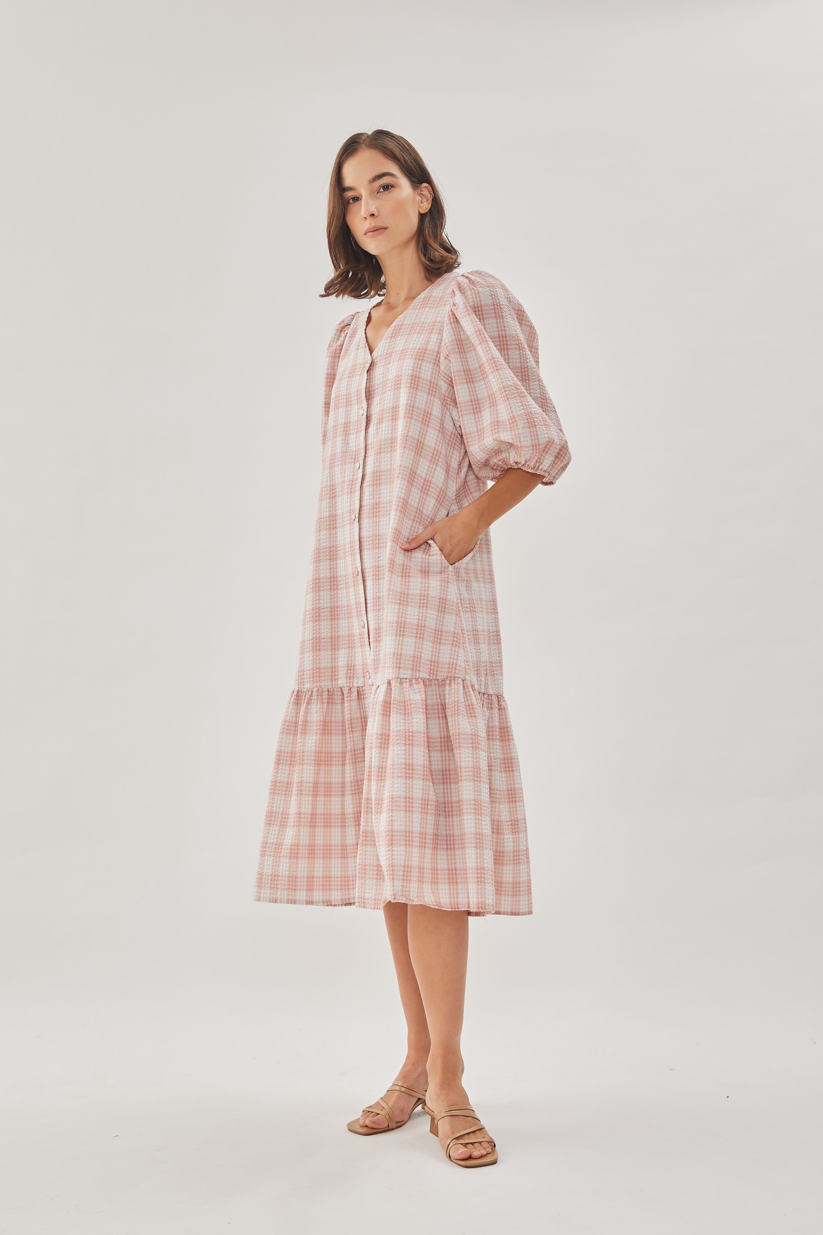Seersucker Tiered Midi Dress in Shell Pink