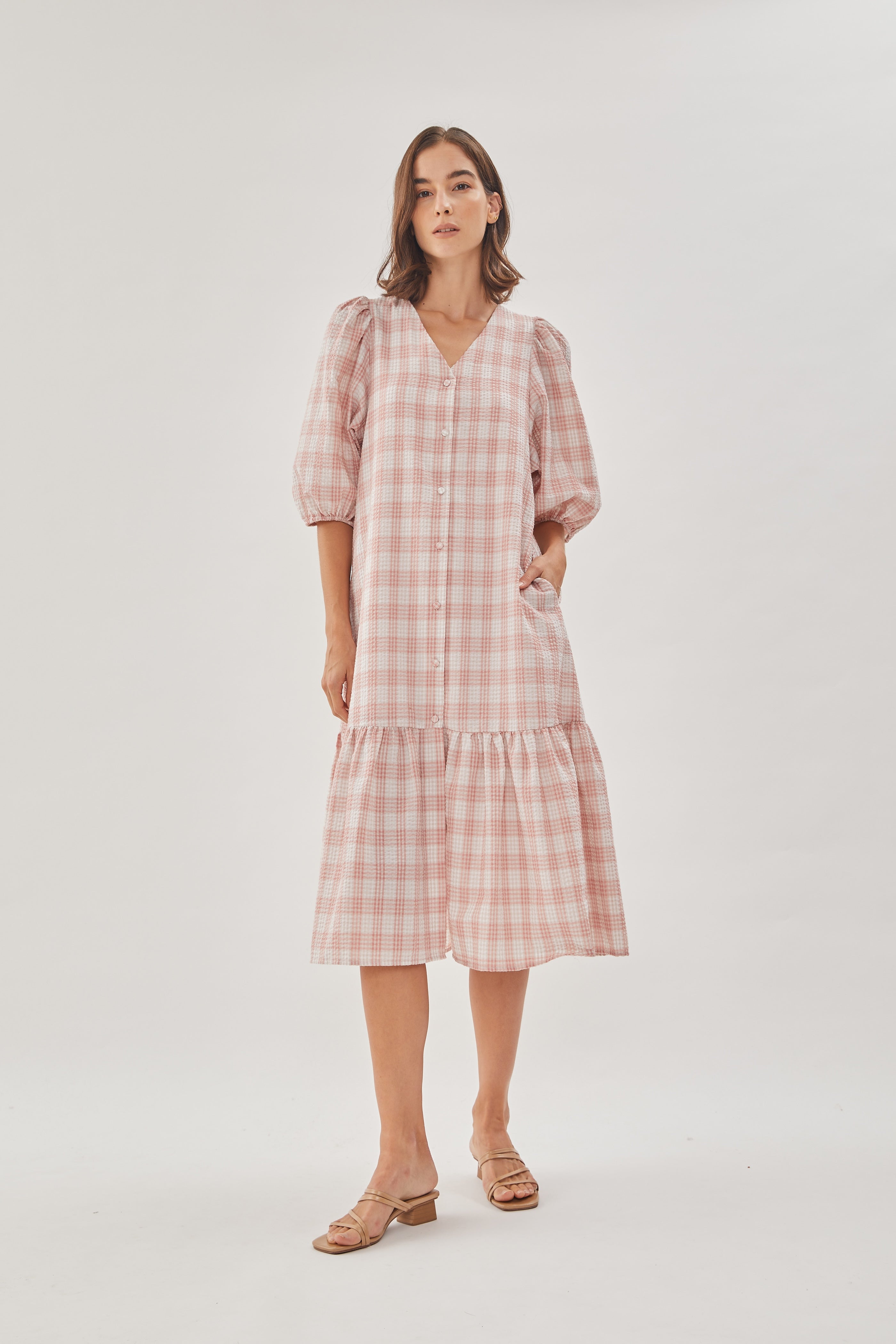 Seersucker Tiered Midi Dress in Shell Pink